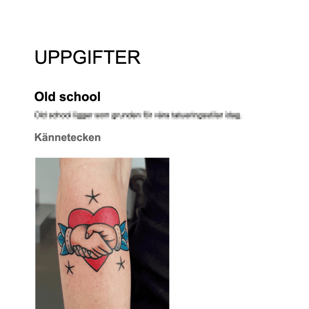 Uppgift i onlinekurs om att bli tatuerare.