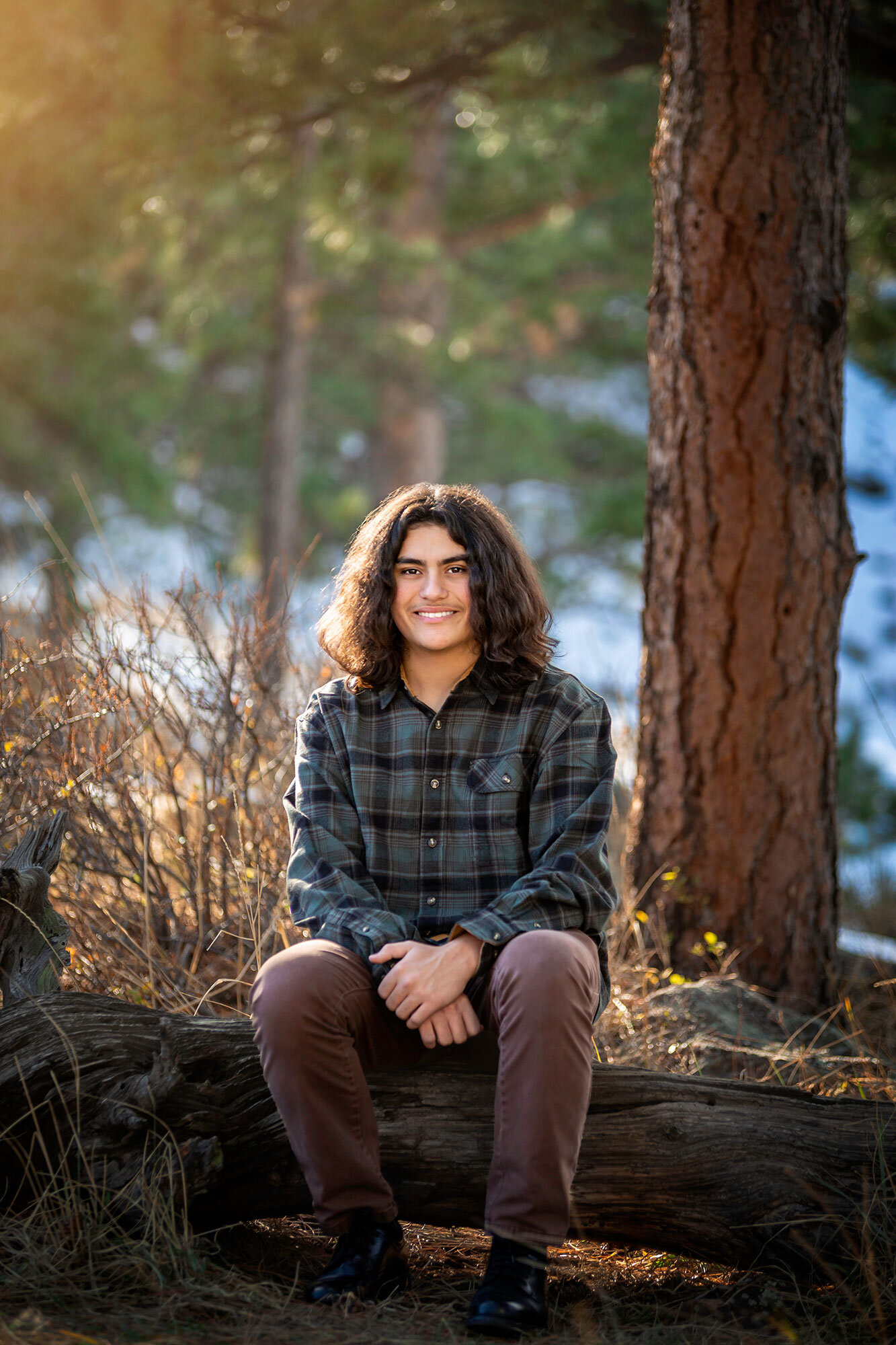 senior-high-school-boy-sitting-on-rustic-log-wood-mountain-background-wear-flannel-down-to-earth-relaxed-ncar-boulder