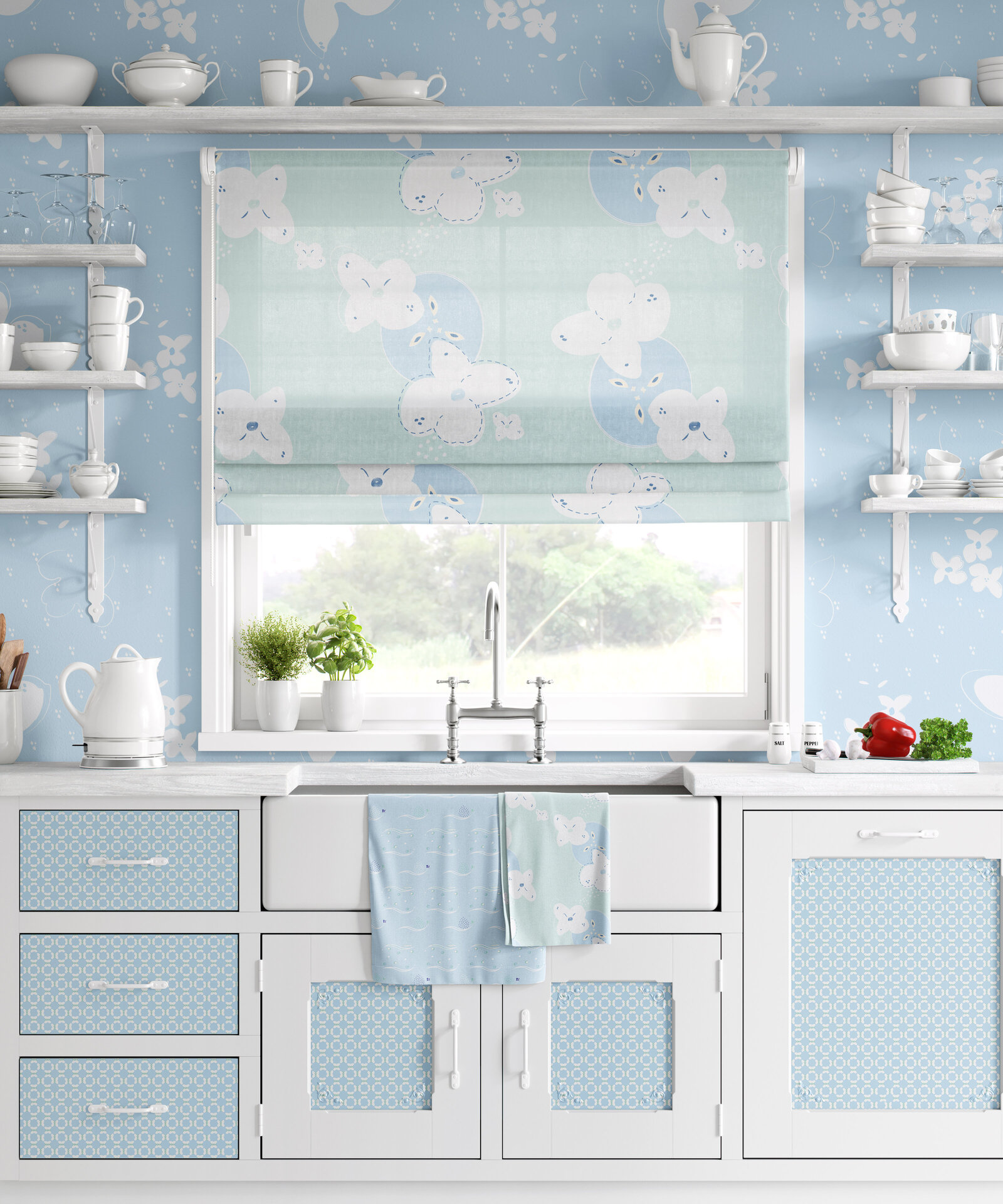 Blue and white kitchen with patterned window shade and napkins