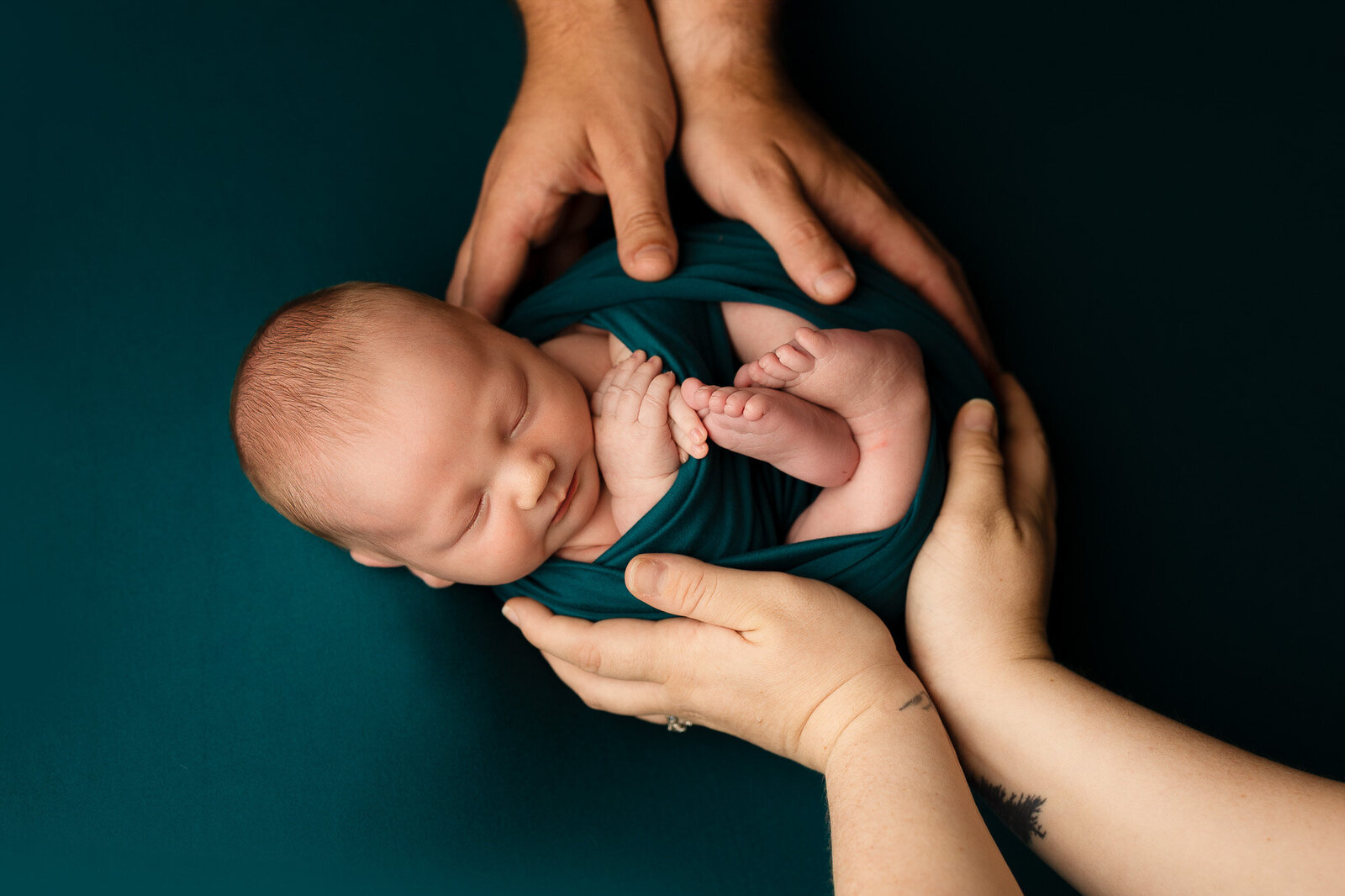 Newborn baby boy swaddled in a dark teal wrap, posed on a matching backdrop with both parents hands holding him in place