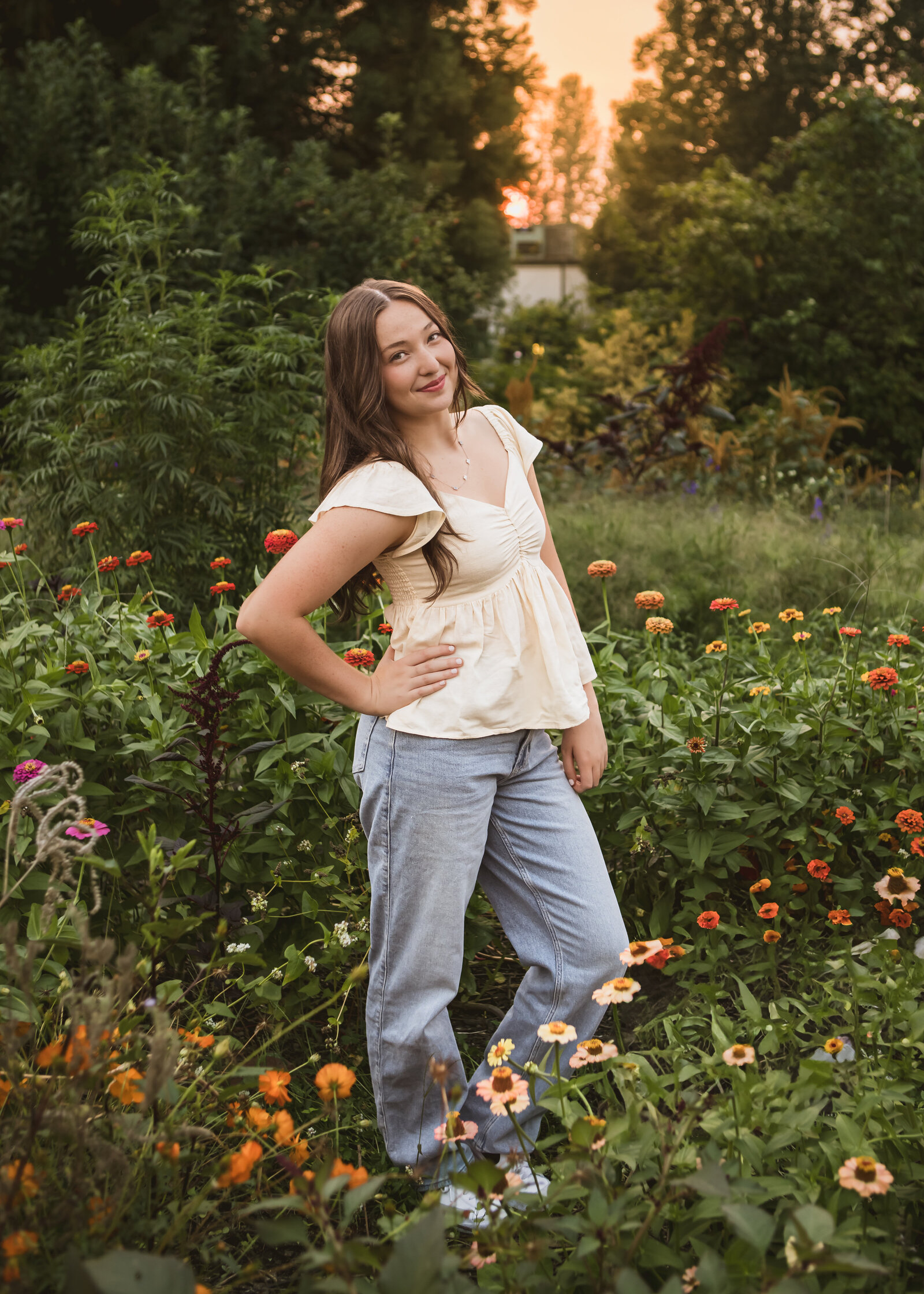 Girl standing in wildflowers at Edgefield Mcmennamins in Oregon