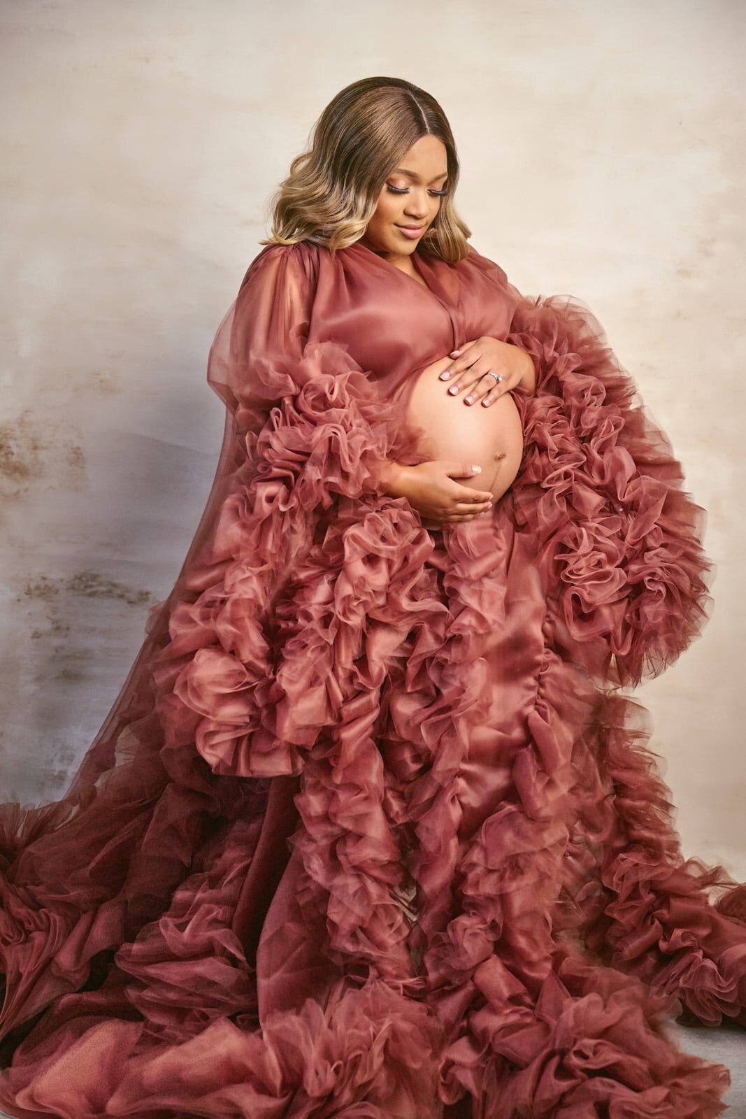 Fine Art Maternity Portrait Featuring Expectant Mother in Luxurious Gown-10
