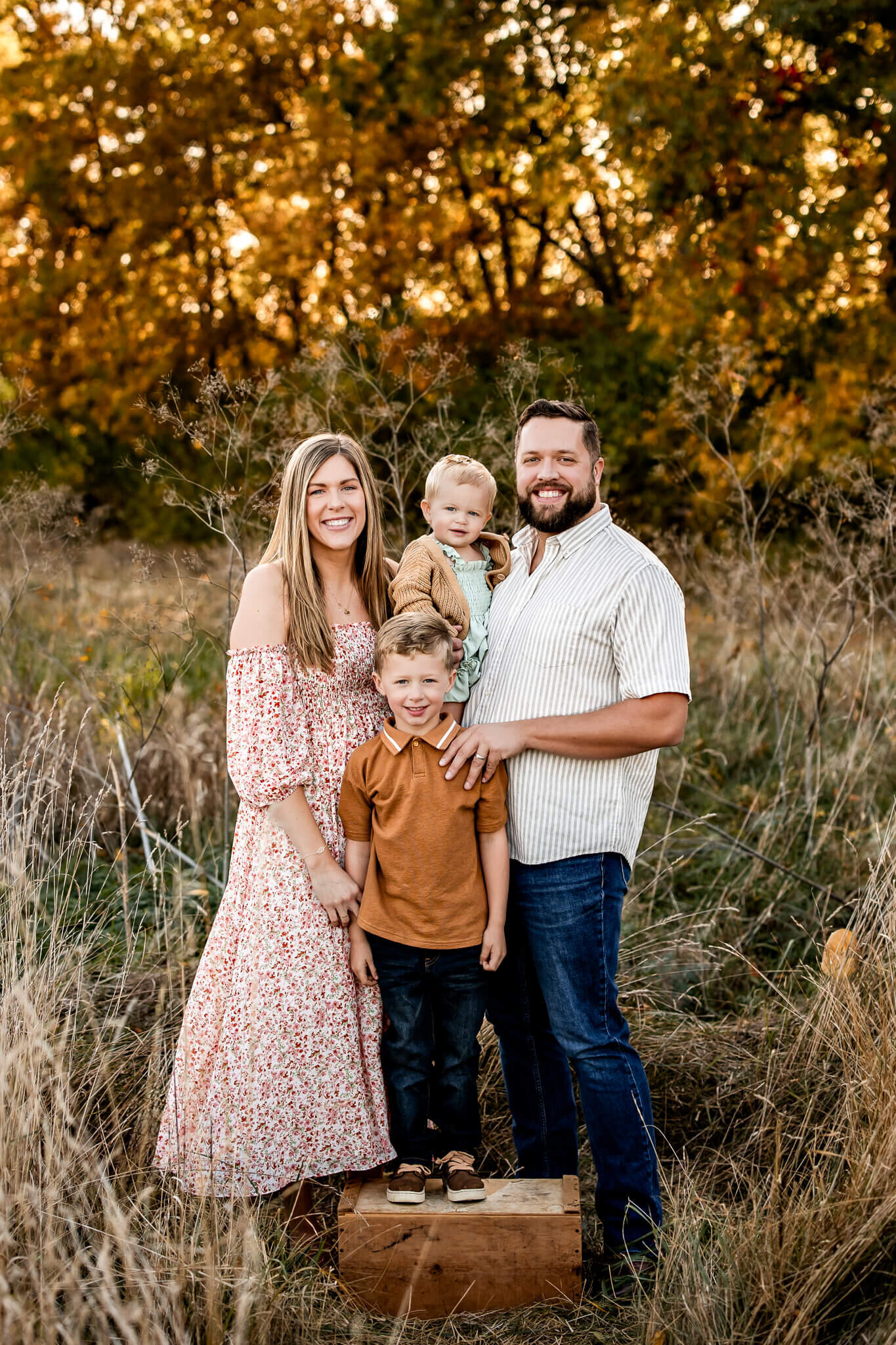 Amidst tall grass and autumn trees, a family of four captures incredible moments together. The woman in a floral dress stands next to a man in a striped shirt, each holding one of their young boys. Their older child stands proudly on a wooden box, all beautifully shot by a Bloomington family photographer.