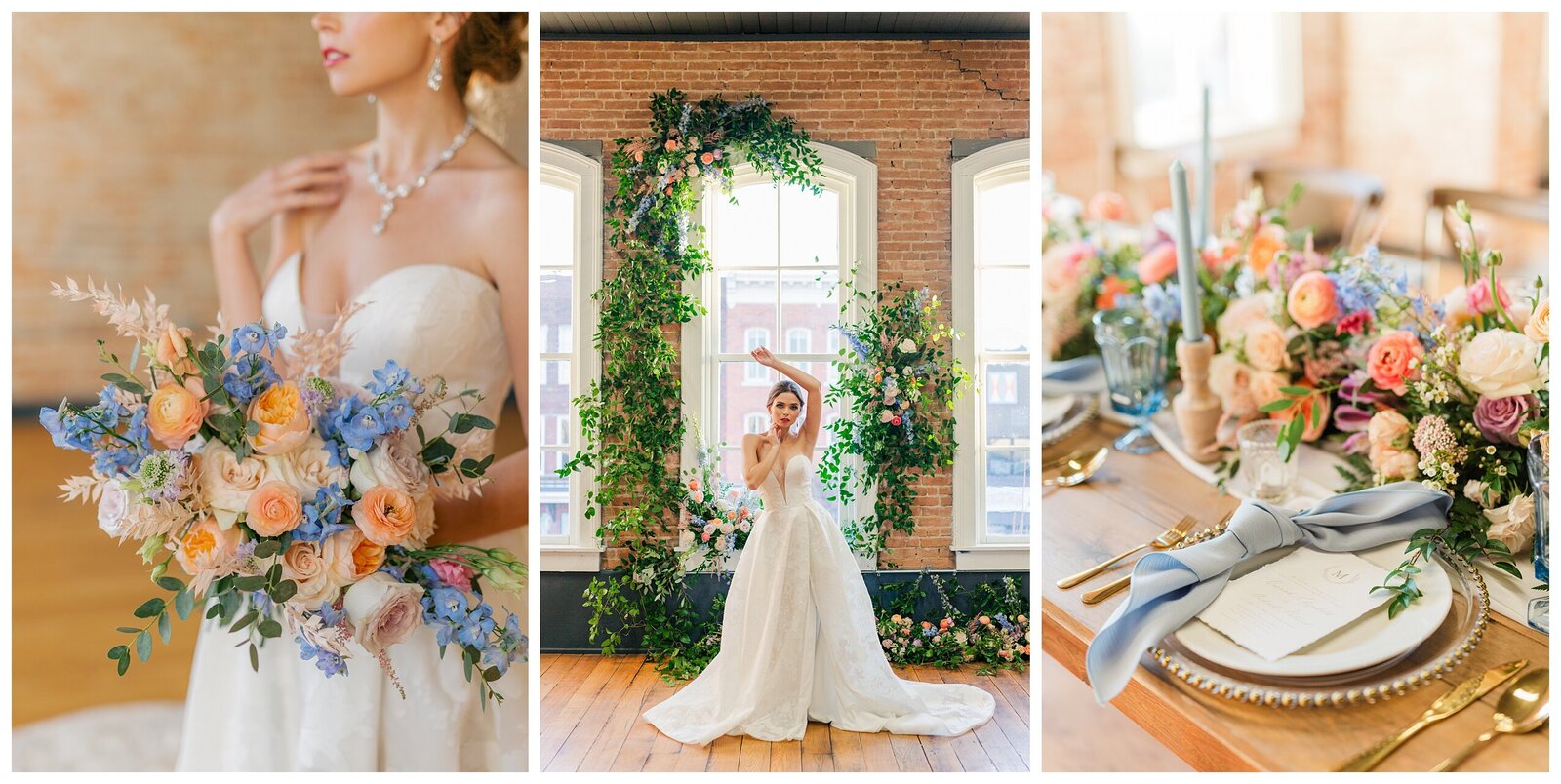 bride with bouquet and tablescape