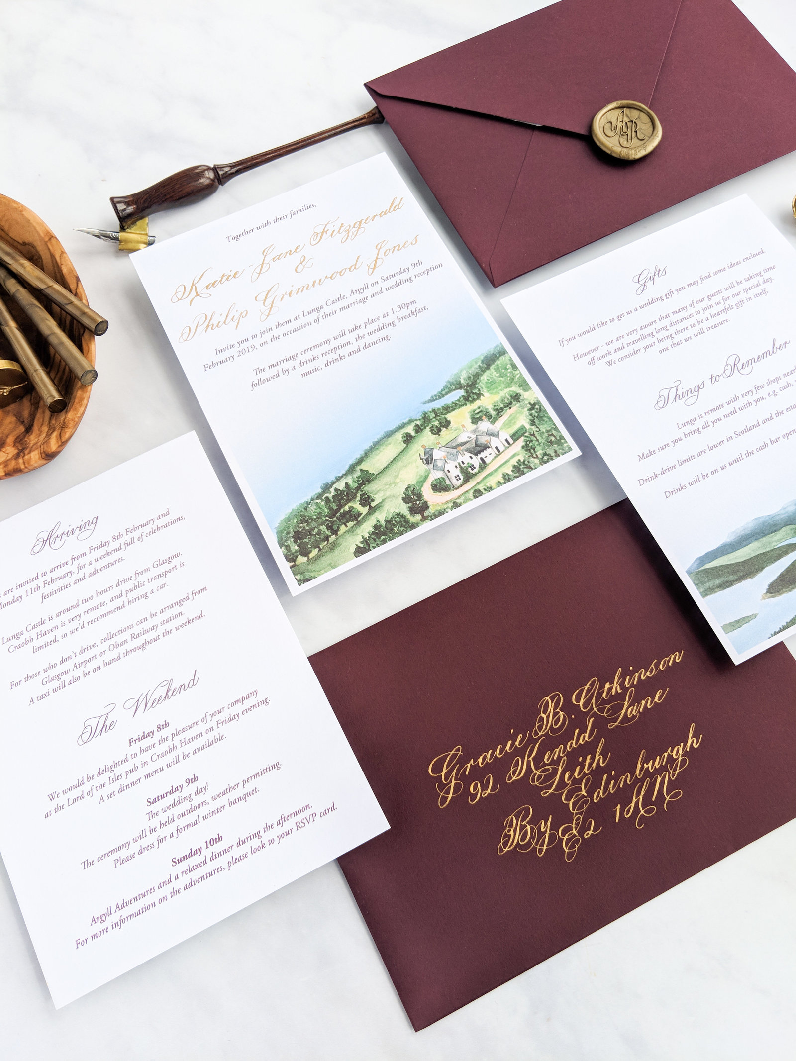 Watercolour Scottish wedding invitations with burgundy envelopes