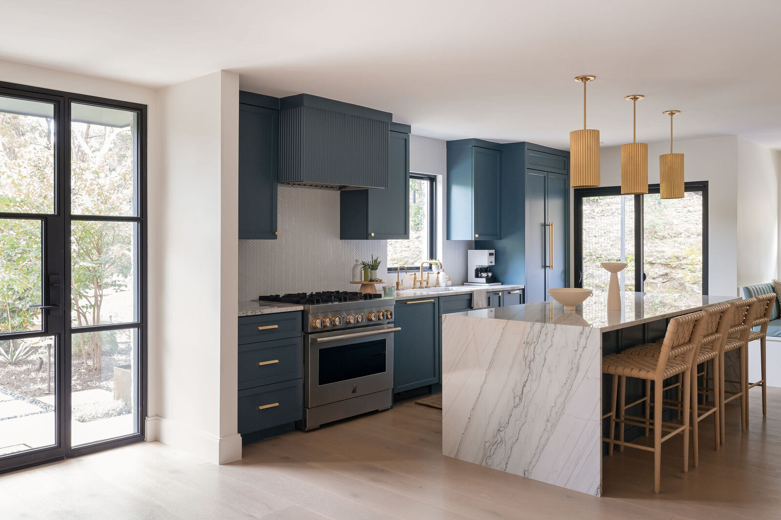 Nuela+Designs+Blue+Kitchen+Quartzite+Kitchen+Waterfall+Brass+Pendants