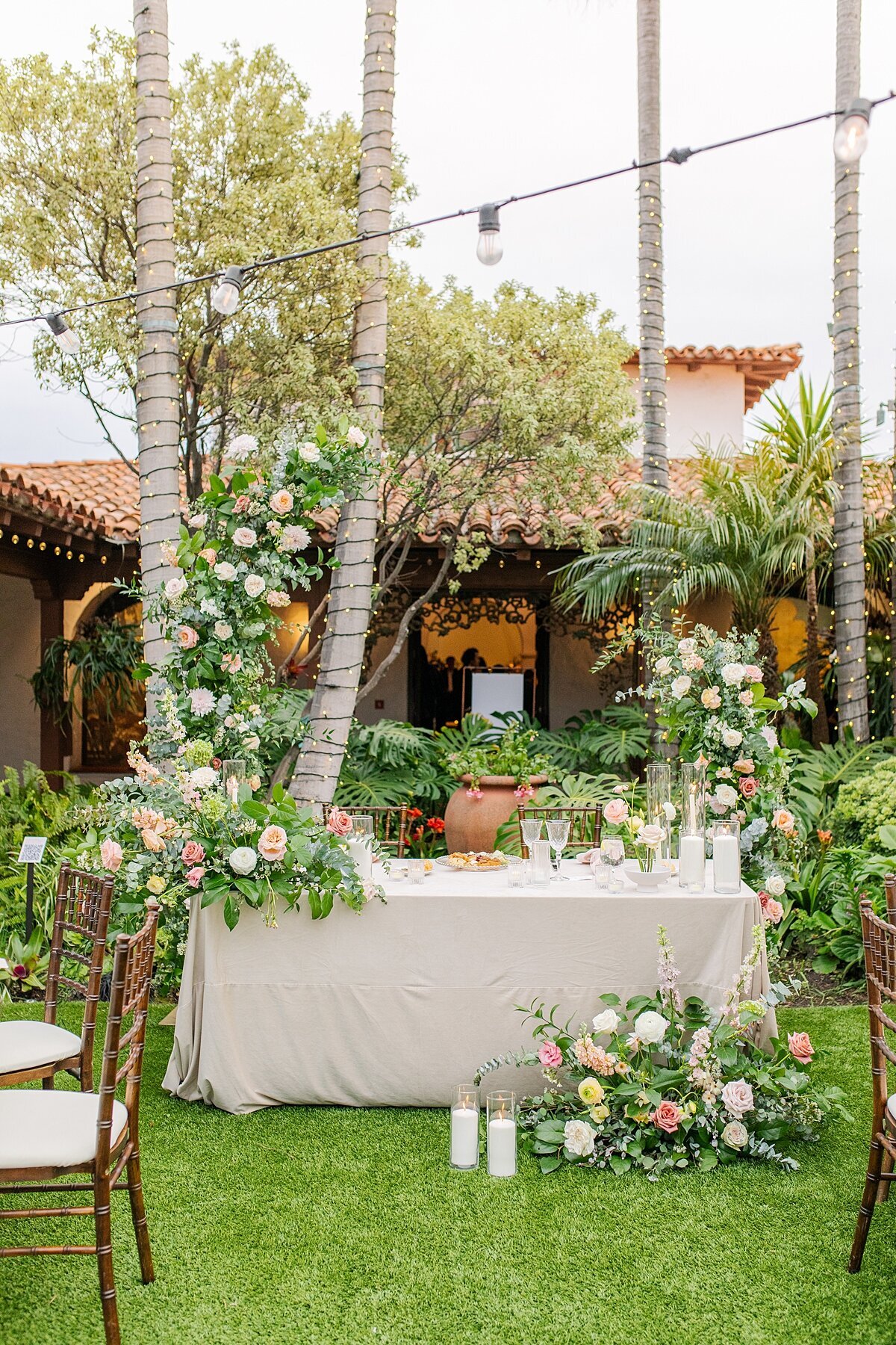 Wedding reception sweetheart table at Casa Romantica in San Clemente, California.