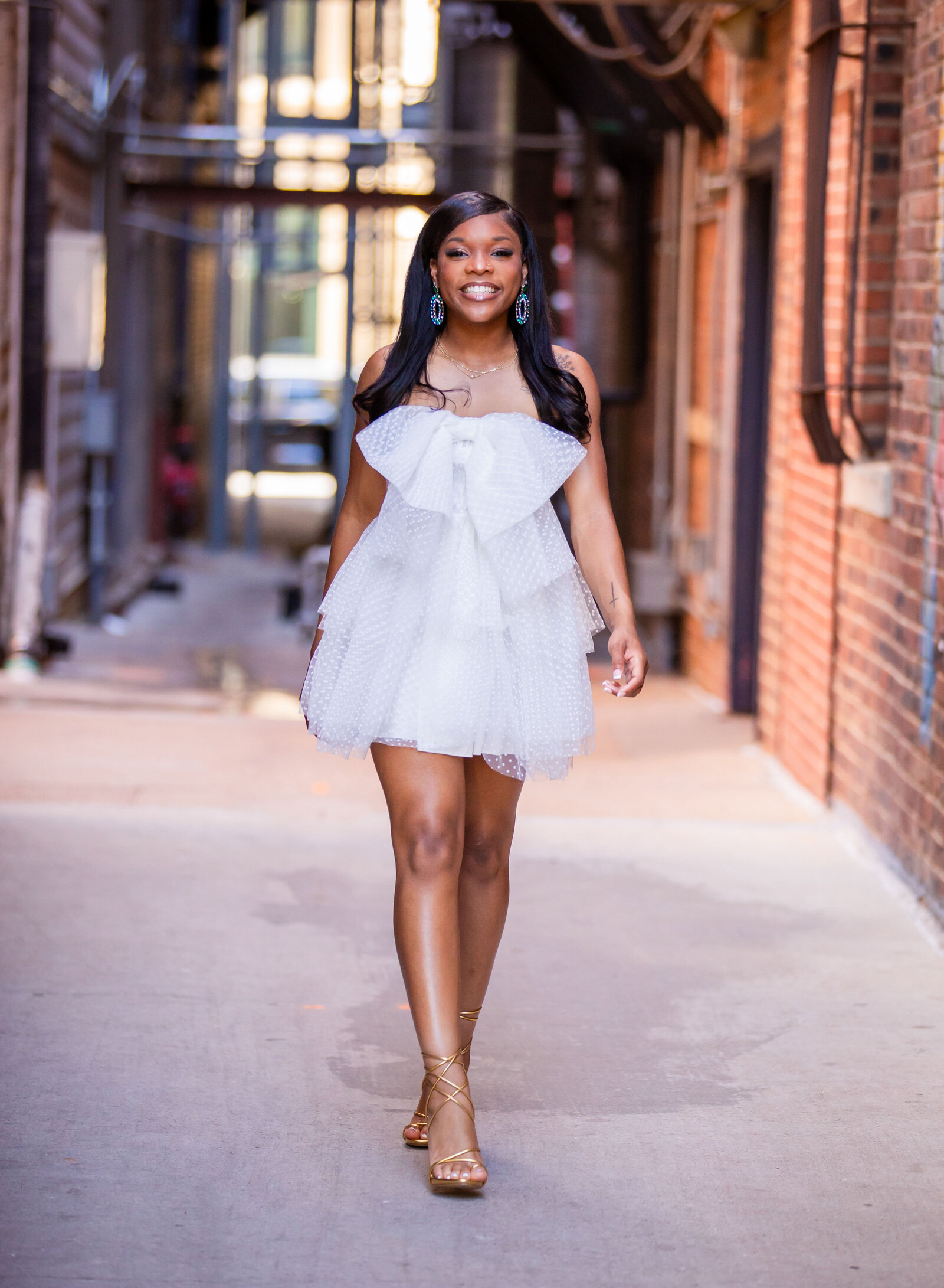 senior girl walking downtown