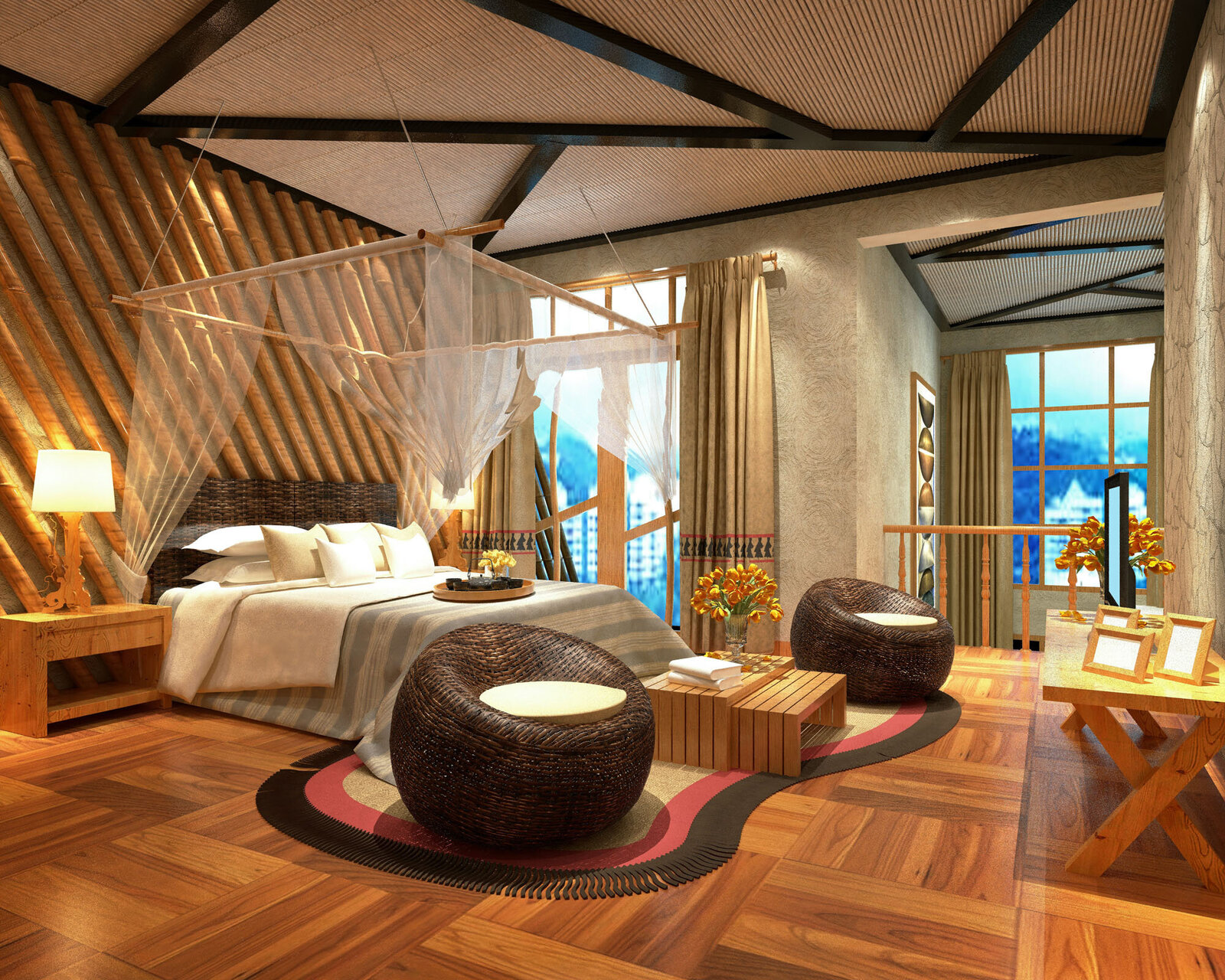 A bedroom with a canopy bed and wicker chairs