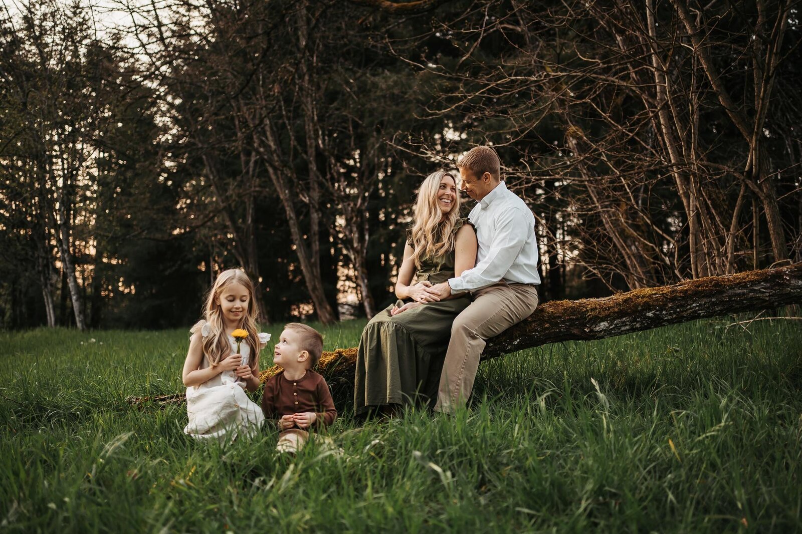Sister and bother playing with wild flower while their parents sitting on a log and looking at each other