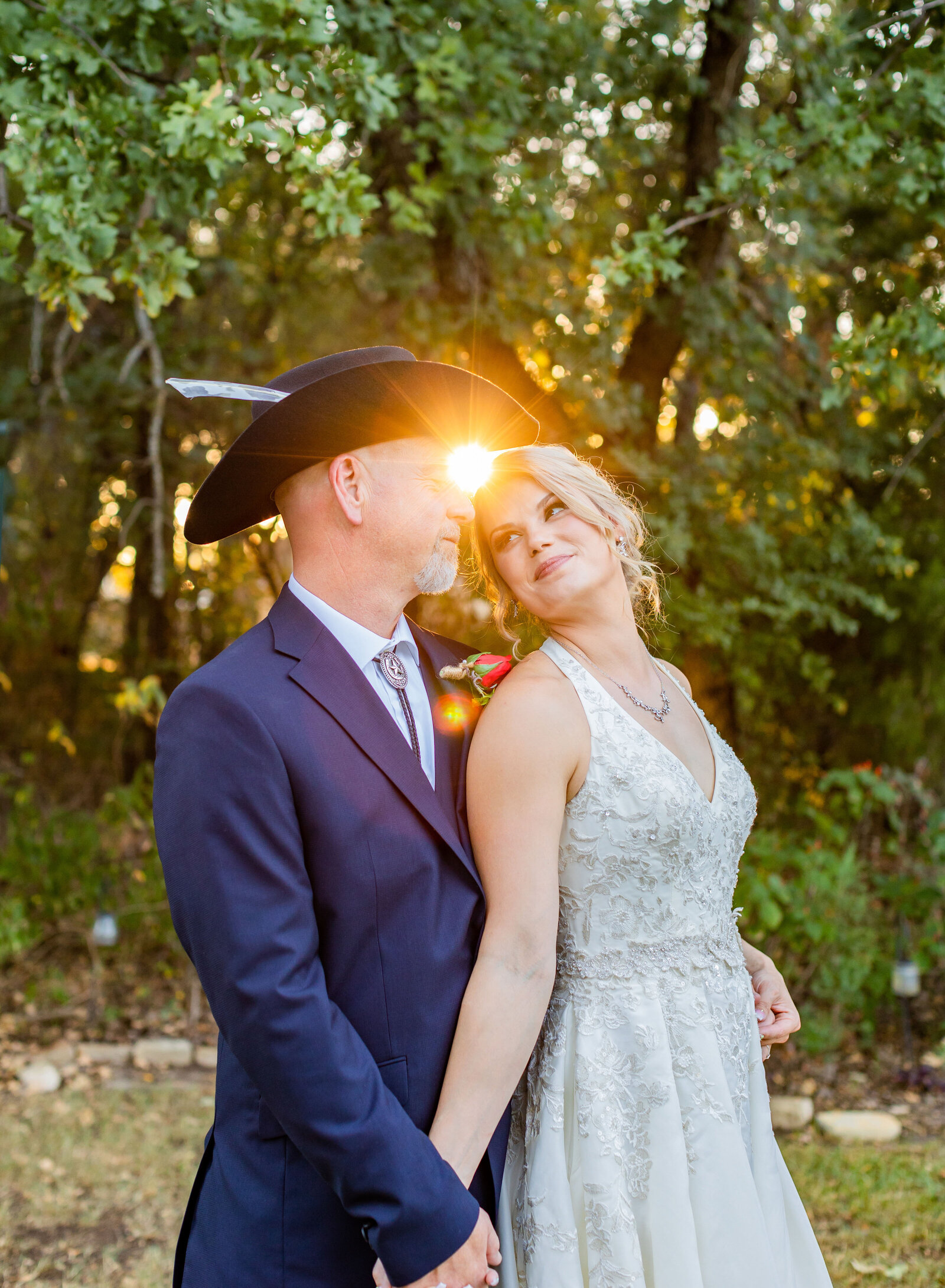 bride and groom with sunlight