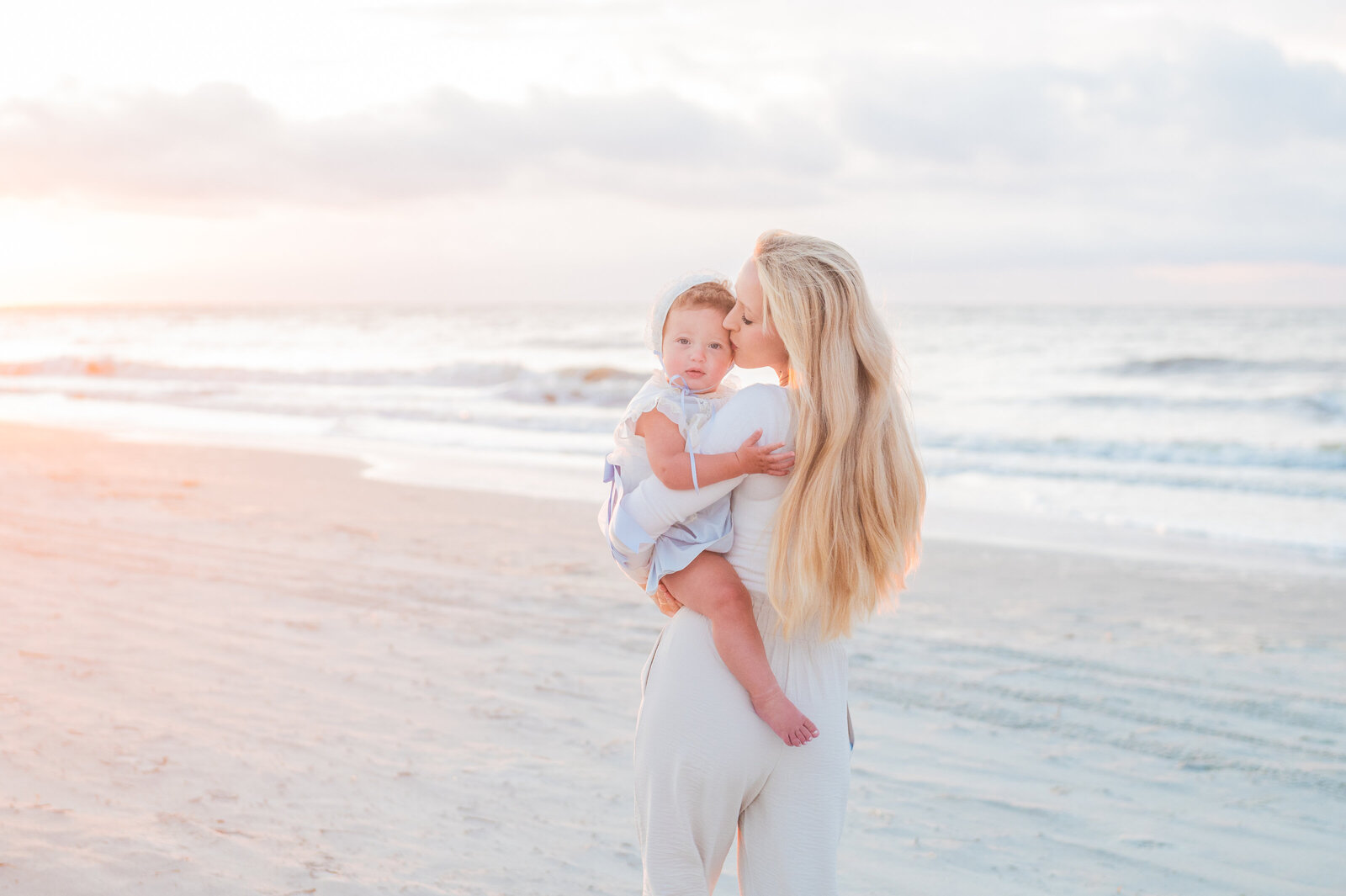 mom and daughter at sunrise