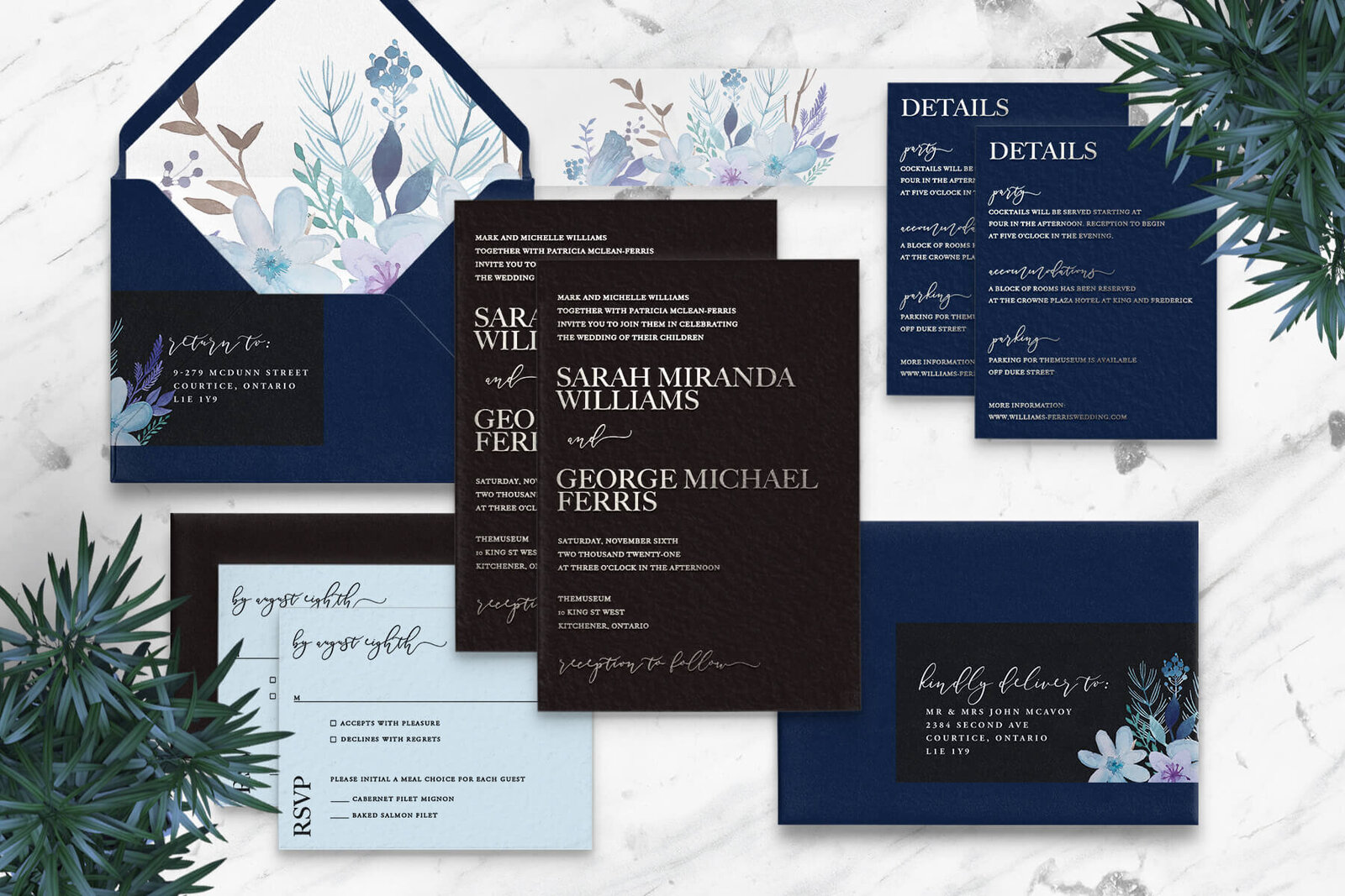 black-and-silver-foil-stamped-wedding-invitation-suite-light-blue-watercolor