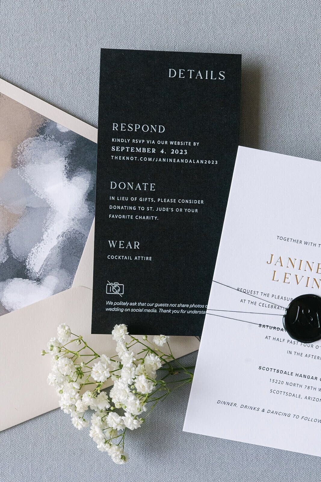 Semi Custom black white and gold foil wedding invitations