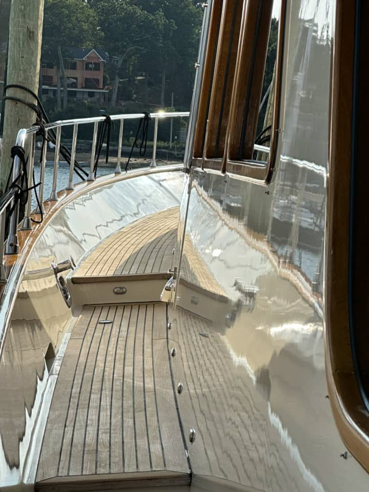 Side view of a polished yacht deck