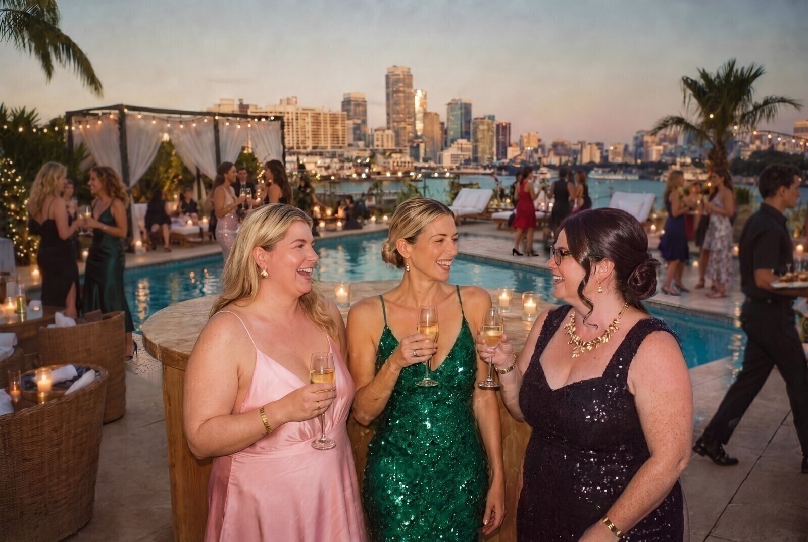 Renee laughing and clinking champagne glasses with two mums at a five-star pool bar in Brisbane at dusk