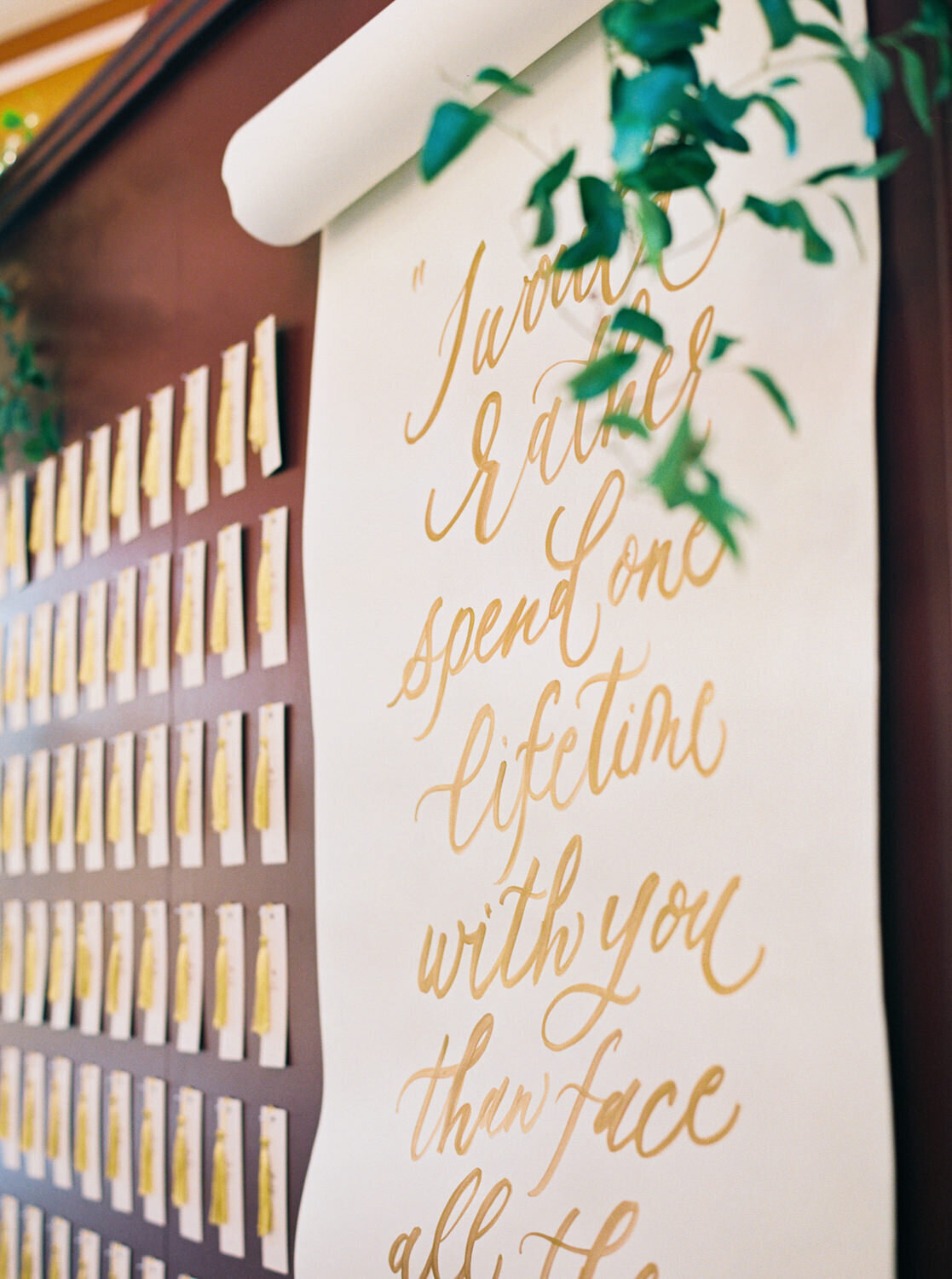 Close-up of calligraphy on the seating chart at a luxury wedding.