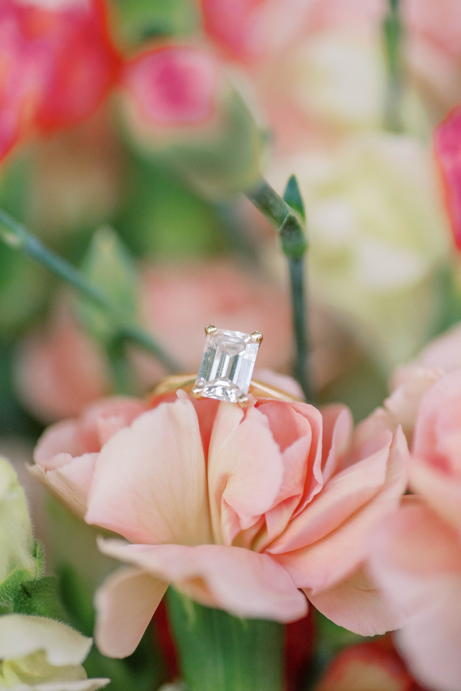 engagement ring sitting on pink flower