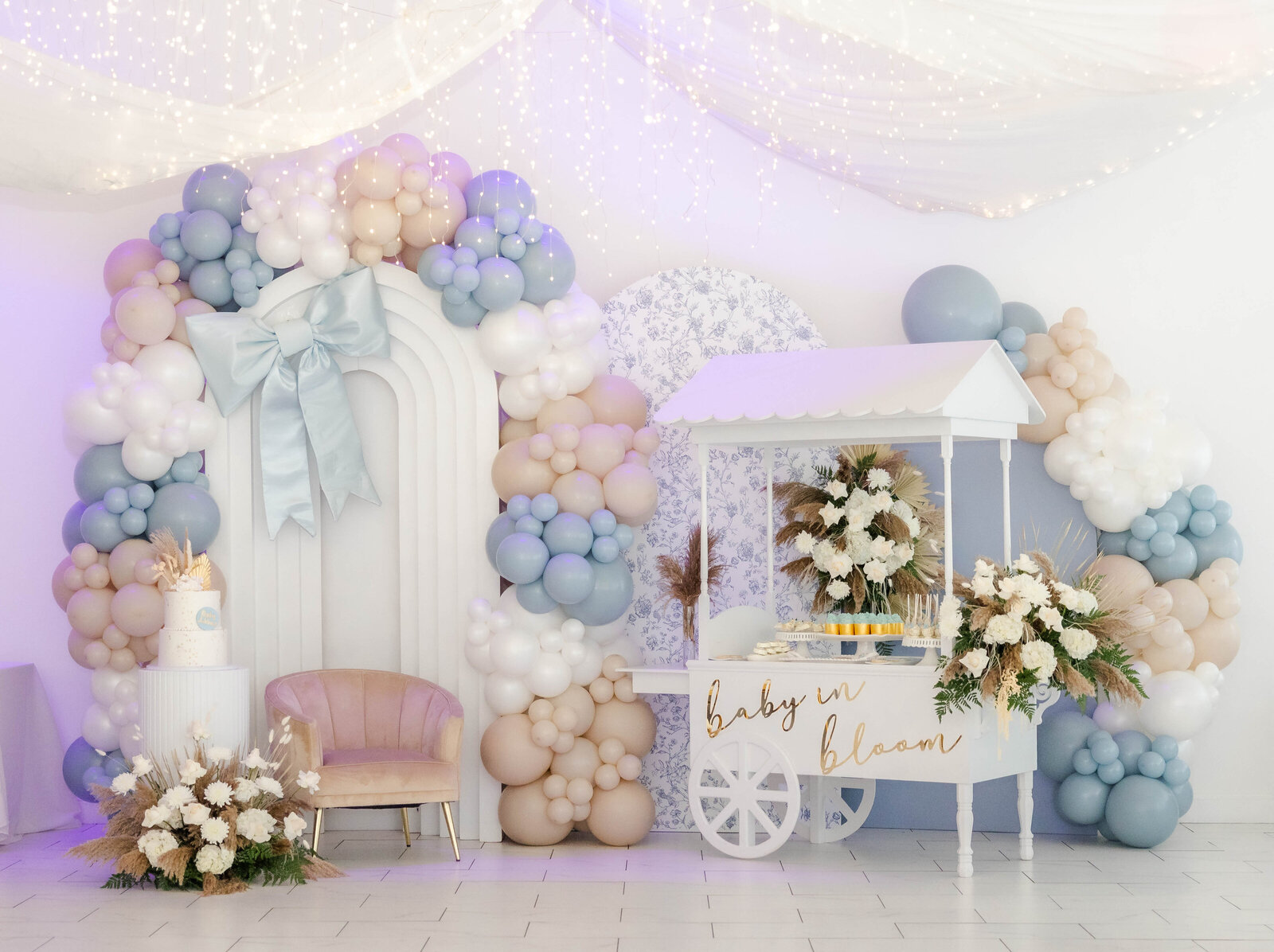 baby-shower-balloon-arch-cake-cart-floral-decor
