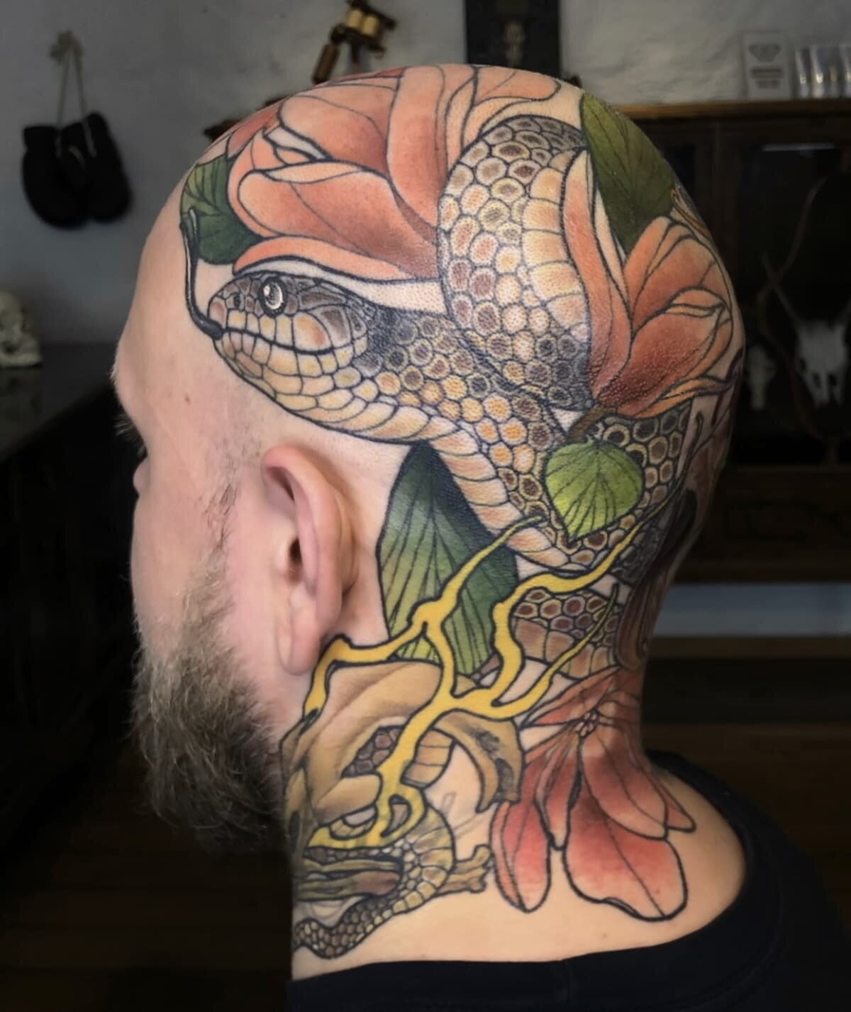 Neo traditional tatuering av orm och växter på huvud.