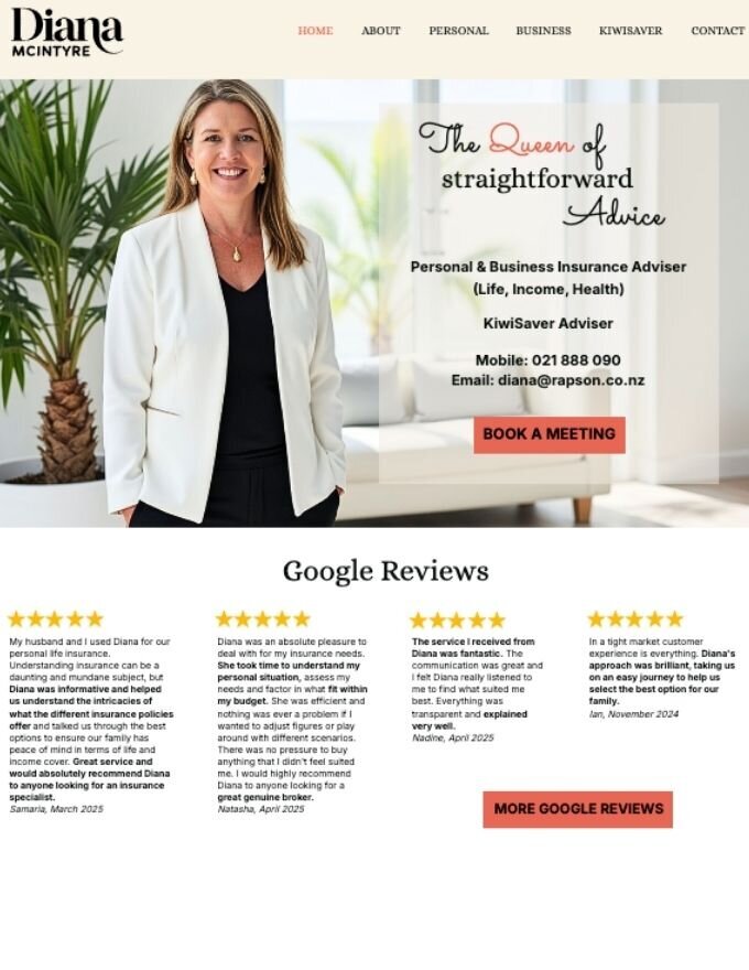 Homepage of Diana McIntyre’s personal brand website — featuring her insurance services, Google reviews, and custom AI branding by AI-Gen.Studio.