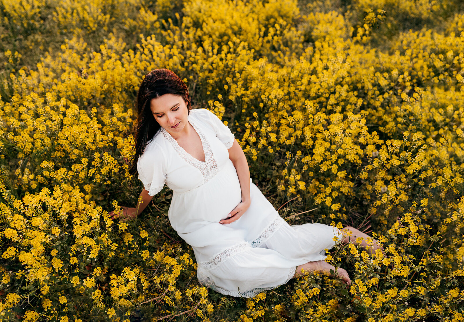 pregnant woman laying in a yellow flower field
