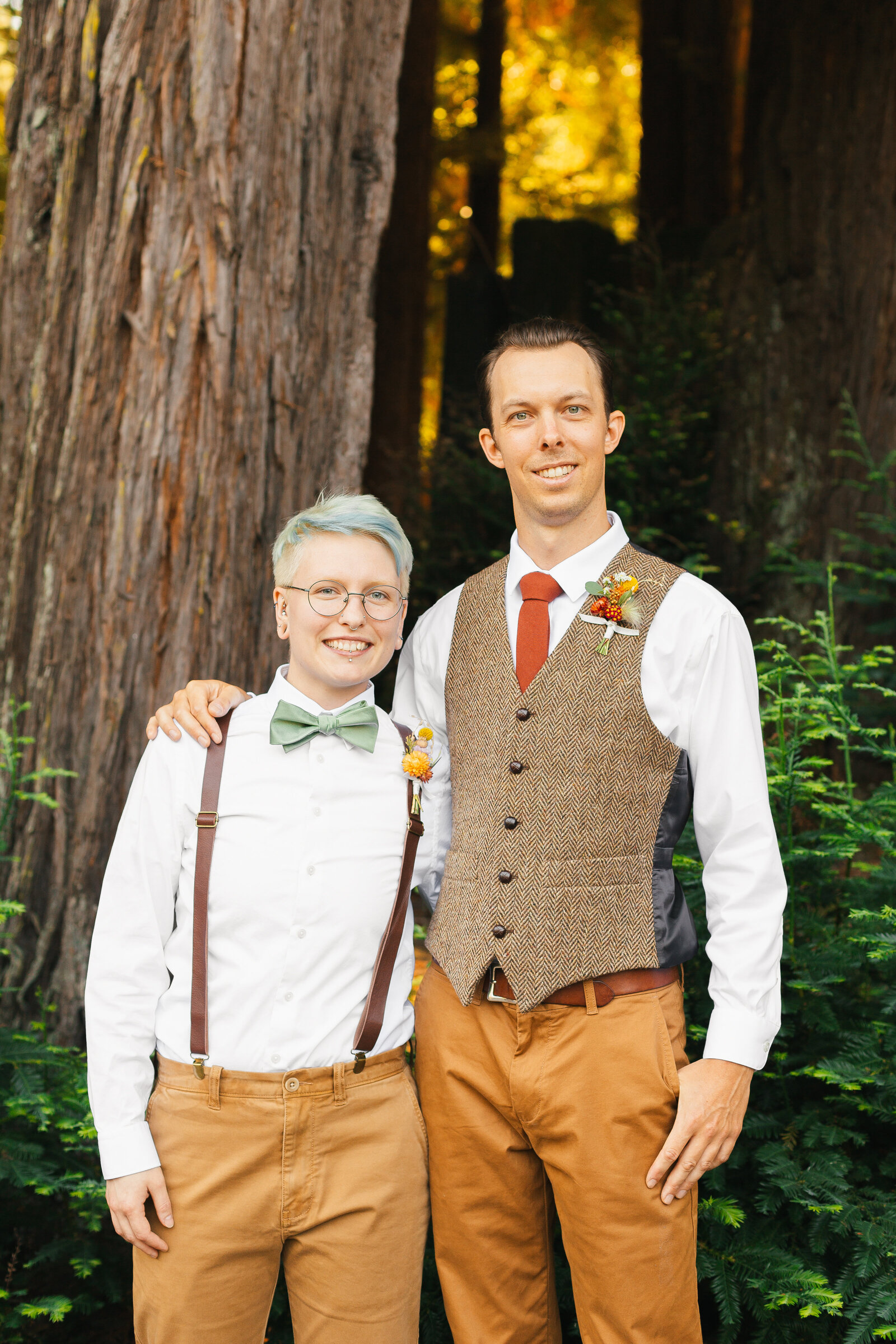 Groom and groomsmen at his colorful wedding ceremony in Santa Cruz, California in the redwood trees.