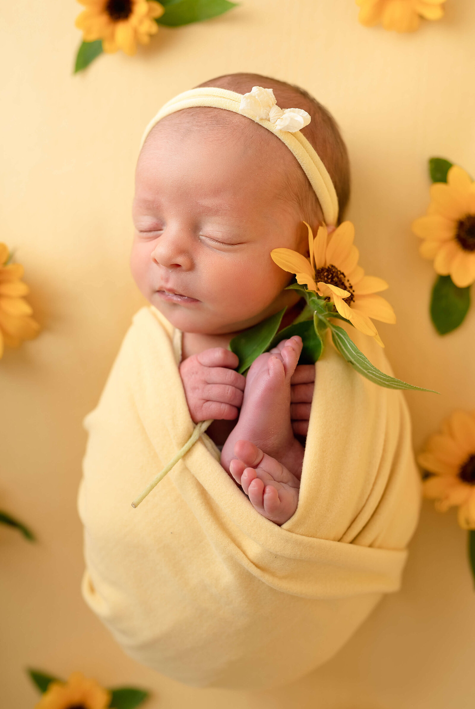 Newborn baby girl in a yellow wrap holding a sunflower with a yellow bow