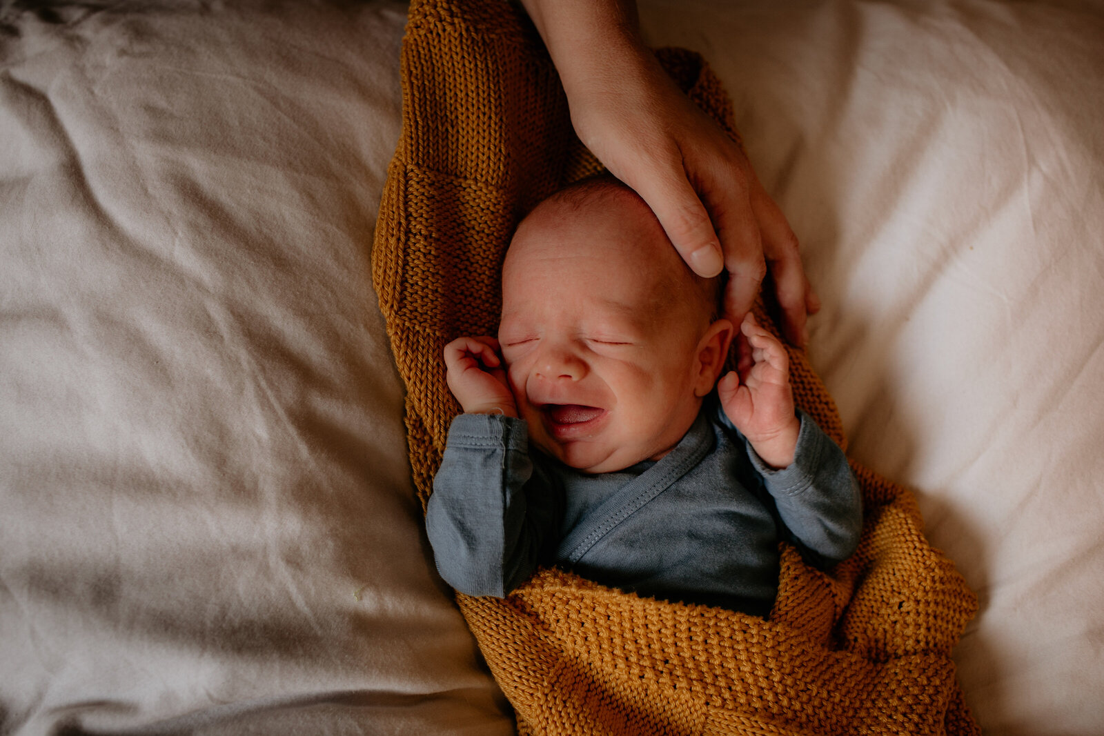 Mama die met haar hand de baby troost tijdens de newbornshoot