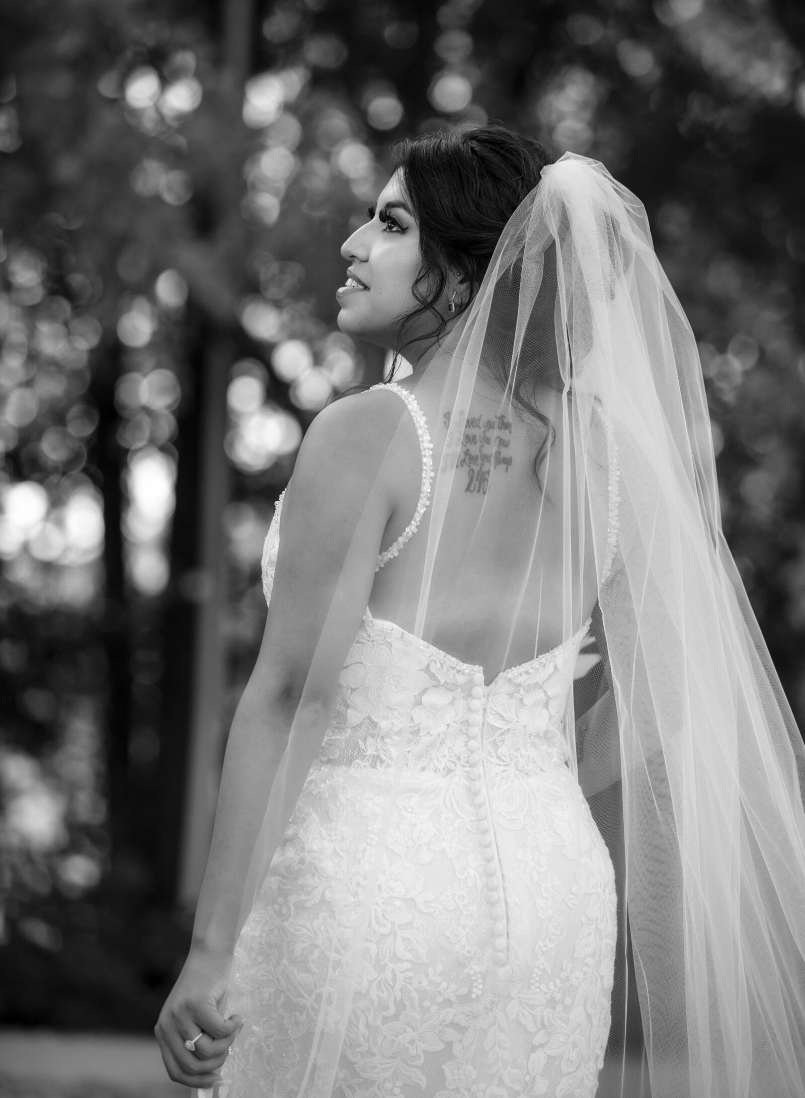bride looking over her shoulder
