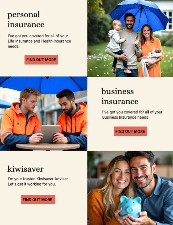 Visual grid from Diana McIntyre’s website highlighting easy access to personal insurance, business cover, and KiwiSaver services.