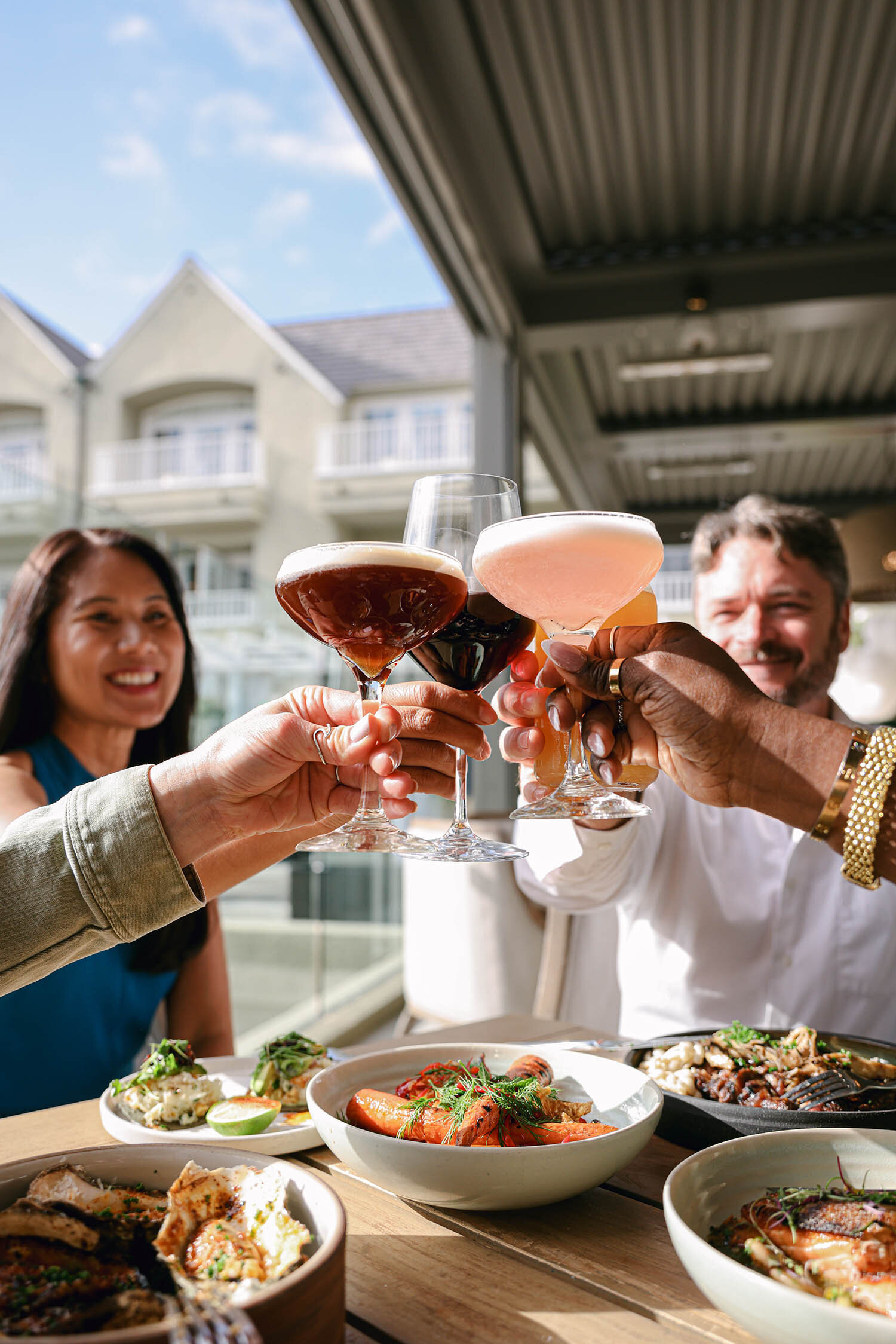 lifestyle hotel photography people clinking glasses at dinner