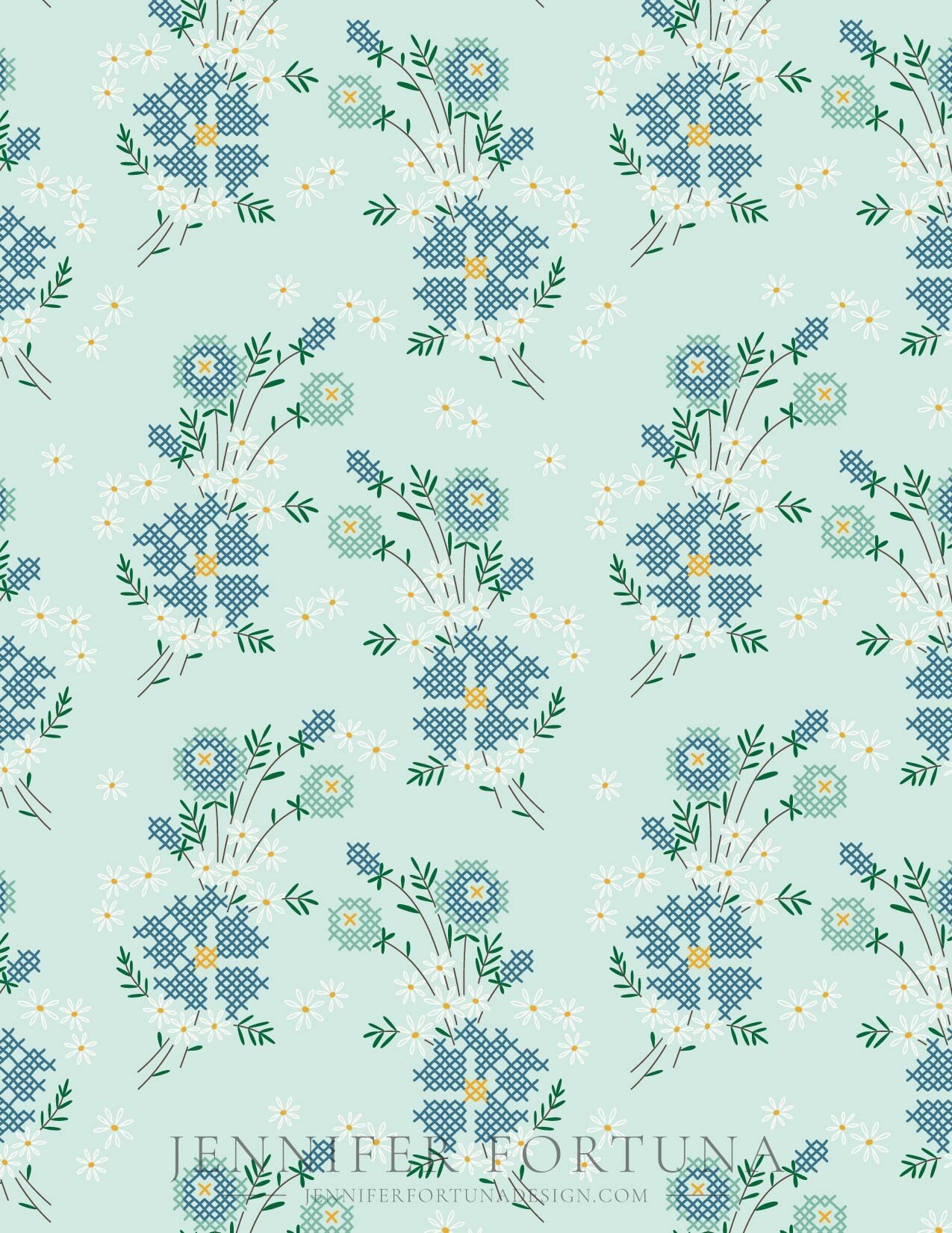 All over pattern of cross stitched mini bouquets of flowers.