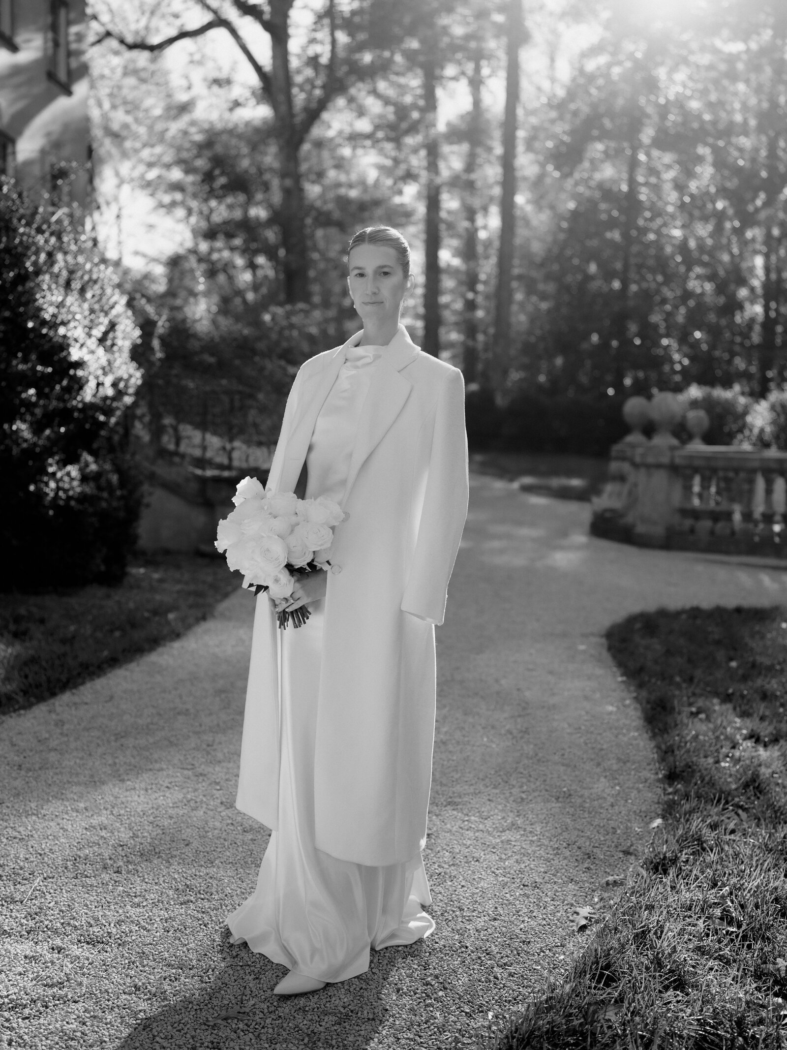 Classic black and white fall bridal portrait