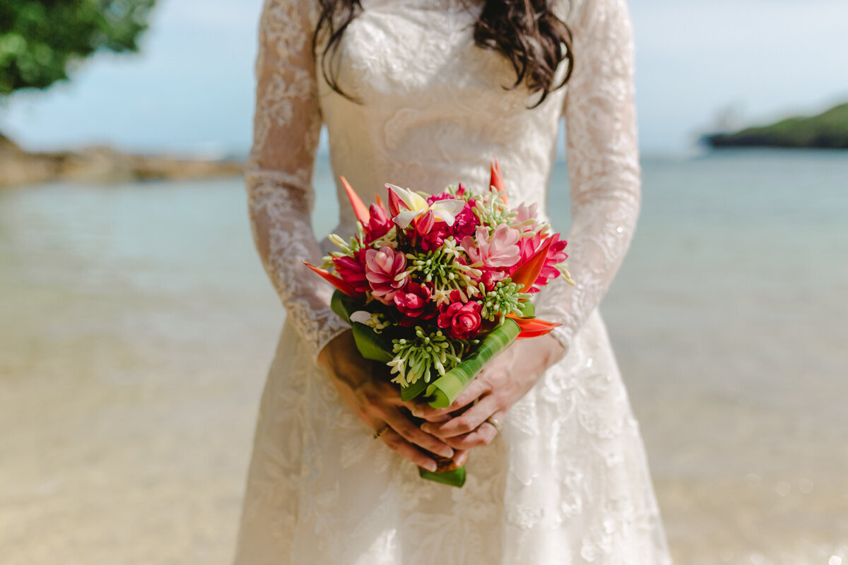 bridal bouquet with beach in background