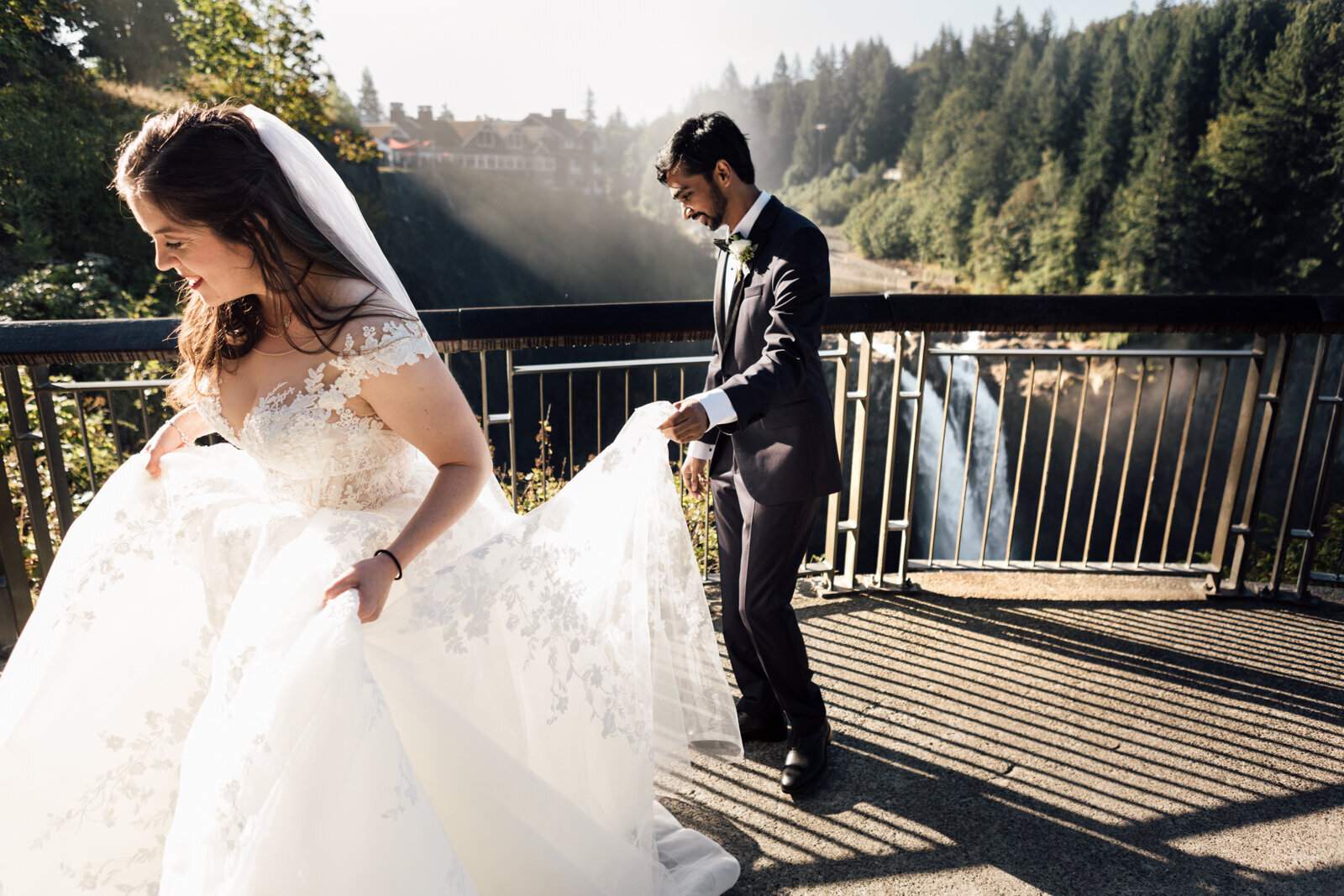 Bride and Groom at Snoqualmie Falls in Seattle Washington by Danielle Motif Photography