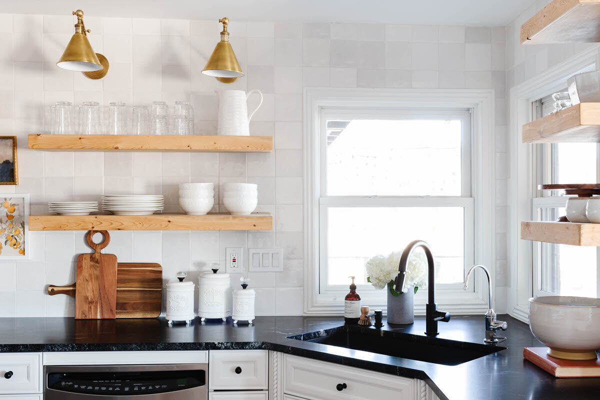 Modern Farmhouse Charming Cottage Warm White Kitchen with open shelves by Peggy Haddad Interiors28