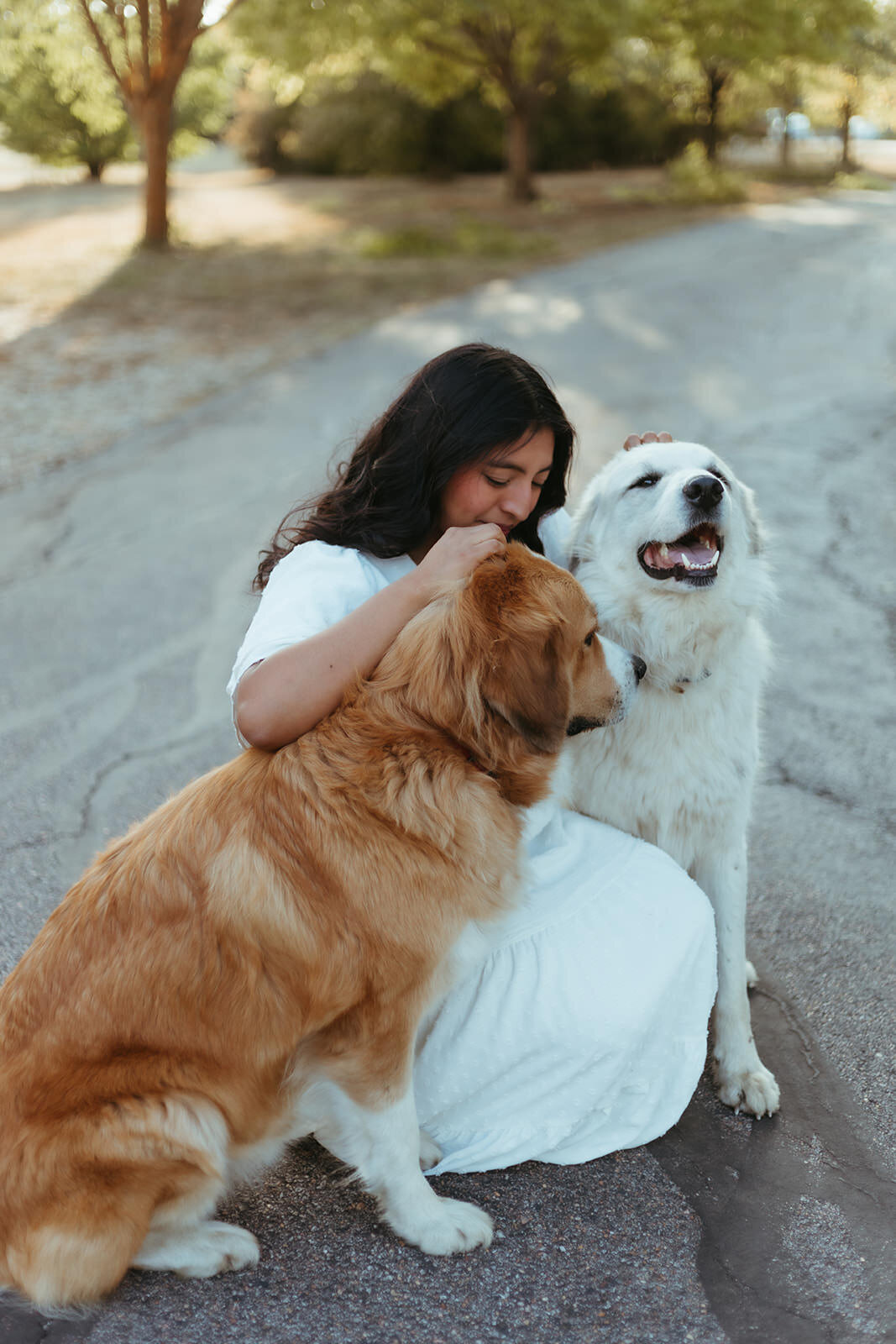 high school senior poses with her dogs for senior photos with Ashley Cole Photography