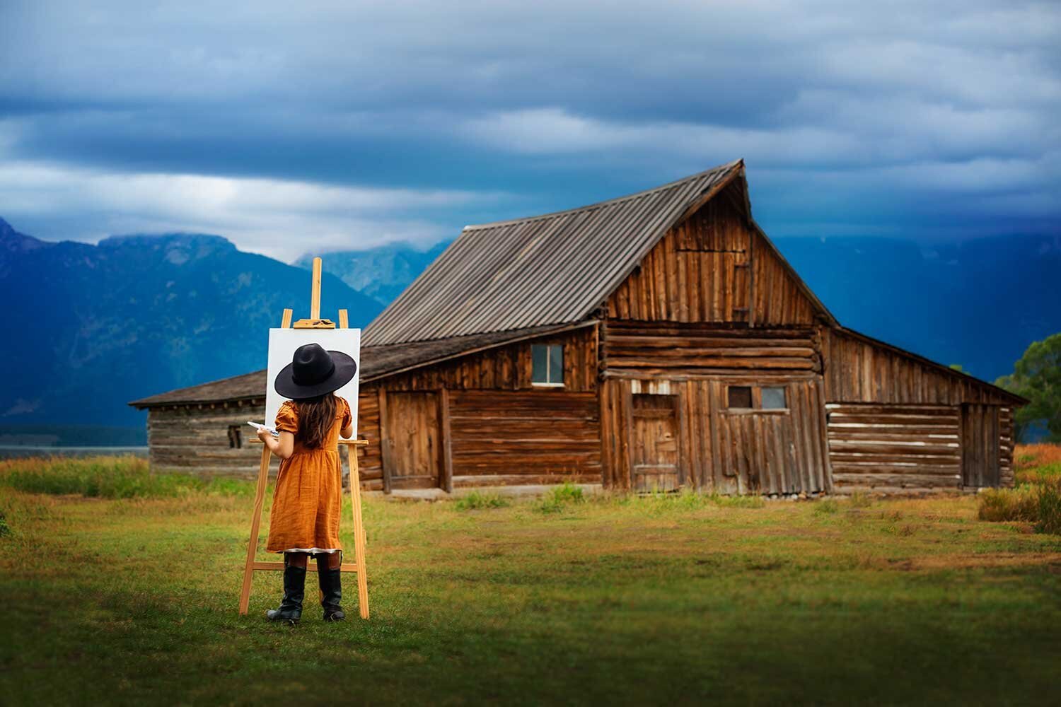 grand-tetons-Moulton-Barn-little-girl-painting-plein-air-timless-colorful-photography-children-fine-art