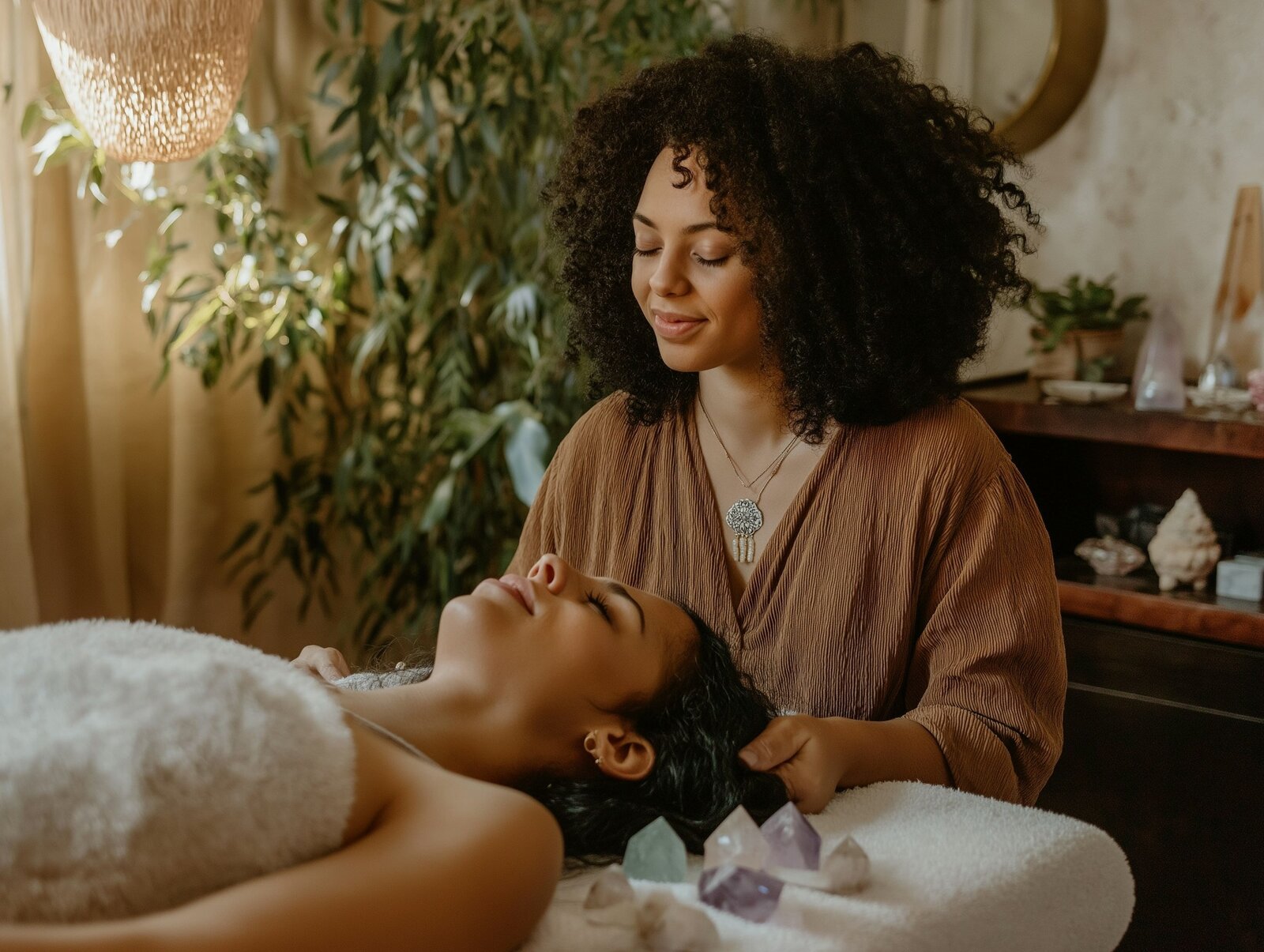 Woman  massaging the scalp of a patron