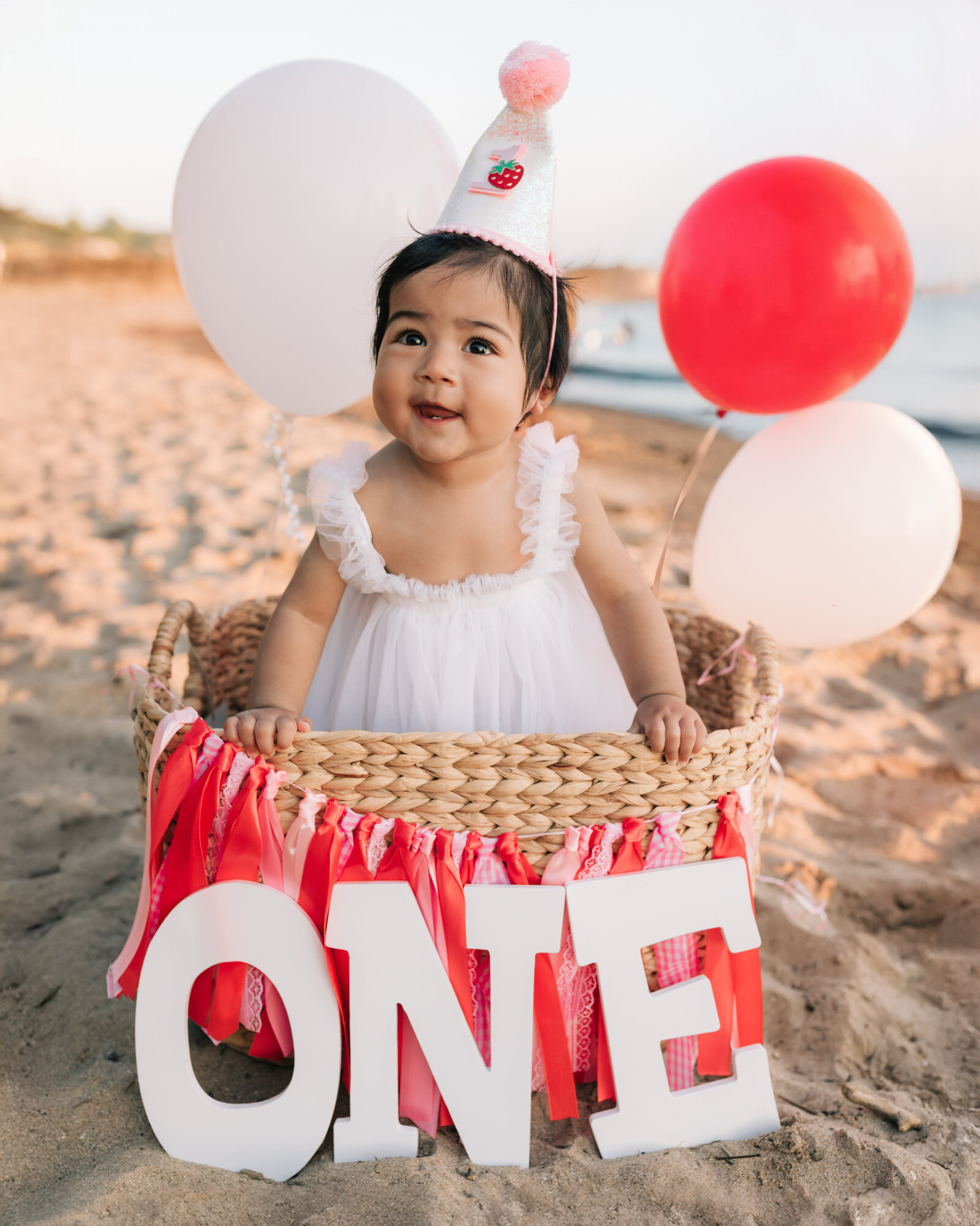 one year old girl standing in basket on beach for first birthday photos