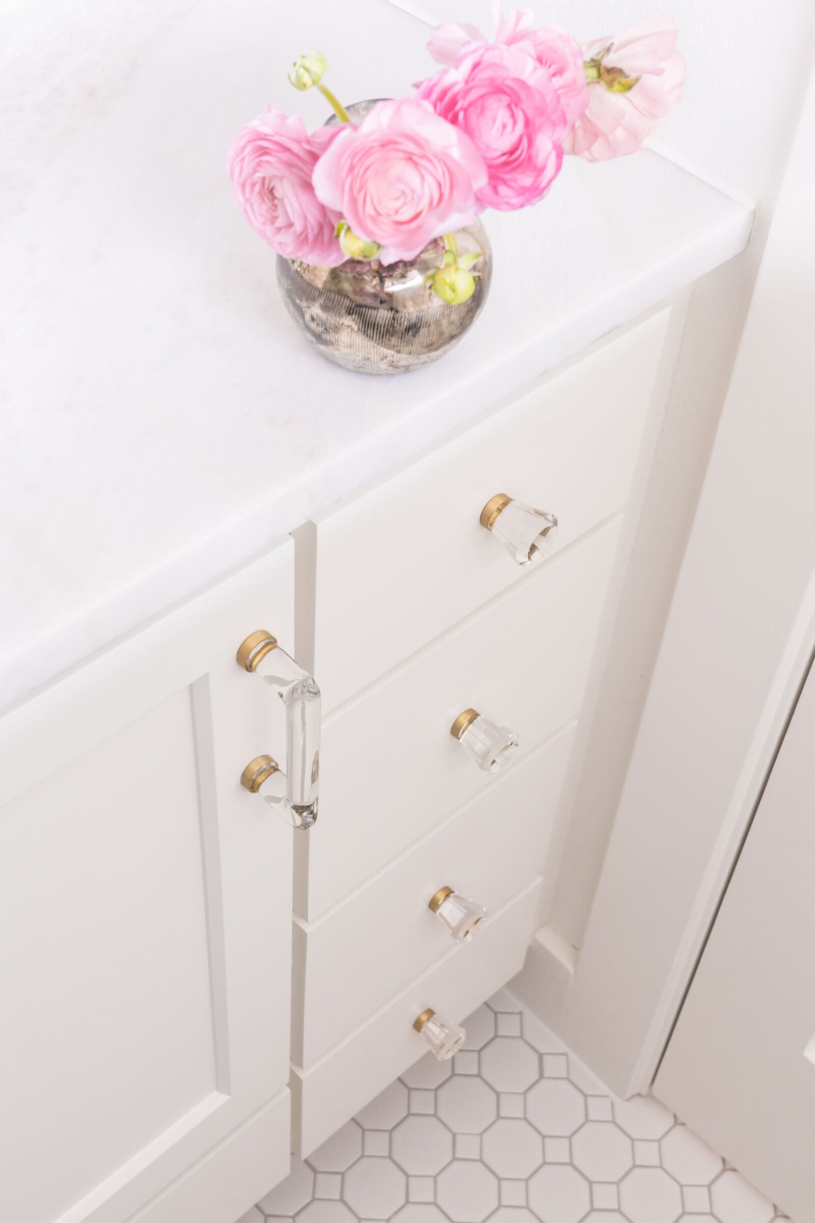 Girl Bathroom White Vanity and glass hardware_NuelaDesigns