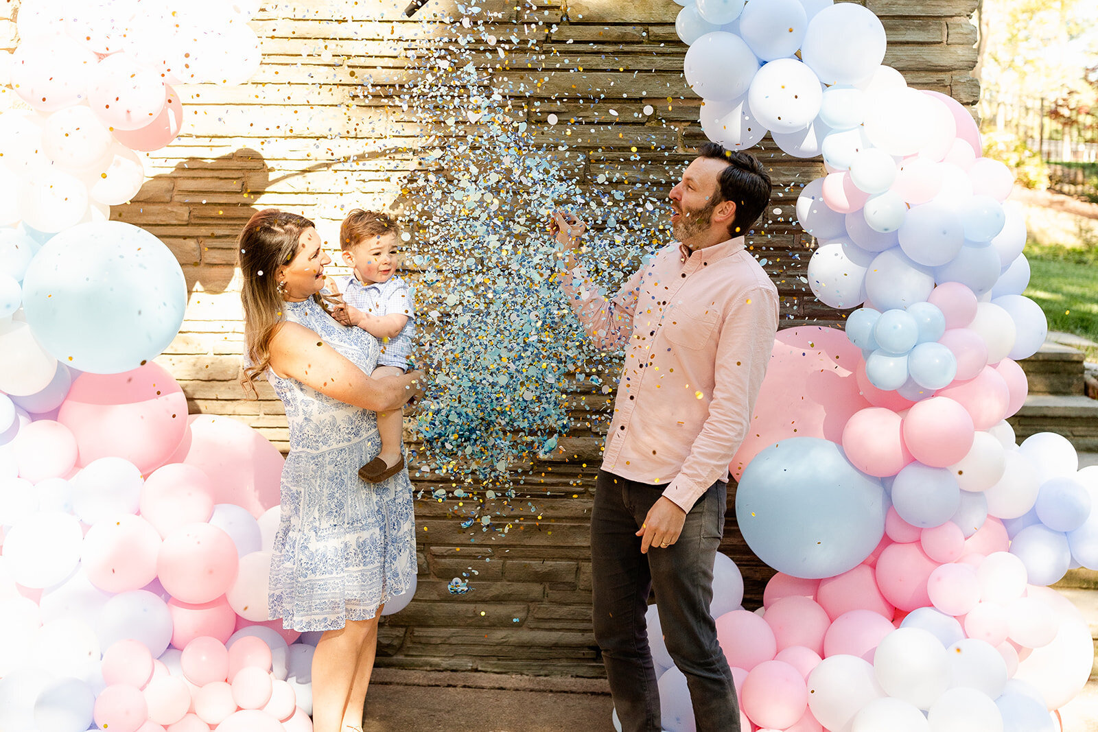 Gender reveal balloon pop boy styled by My Pop Up Party