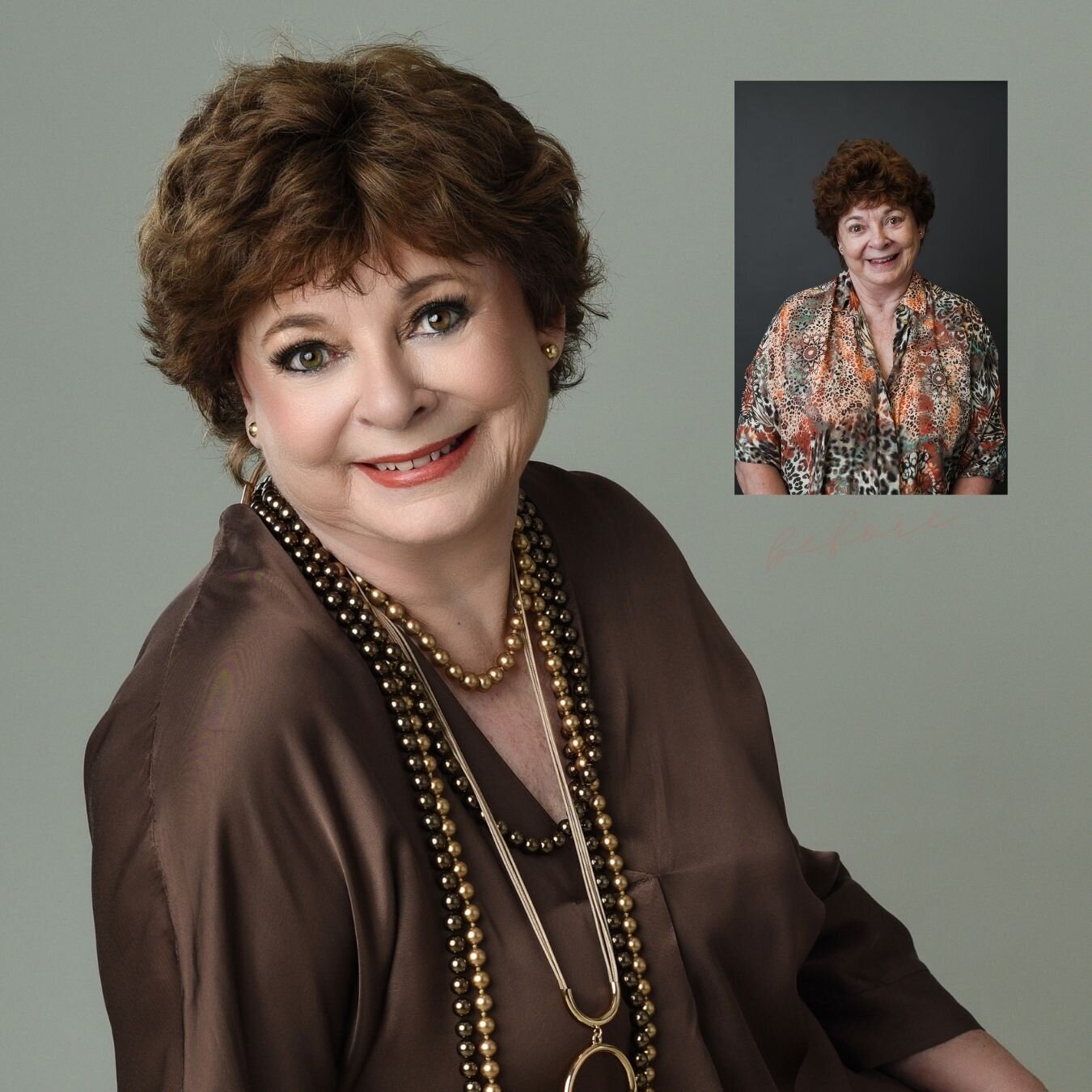Mature woman with short curly hair wearing a silky brown dress and lots of long necklaces