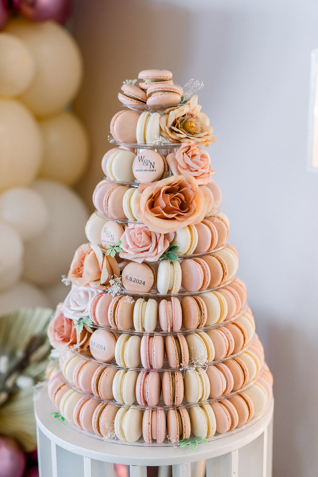 A beautifully crafted macaron tower centerpiece at the luxurious wedding reception held at Filoli Estate in Woodside, California.