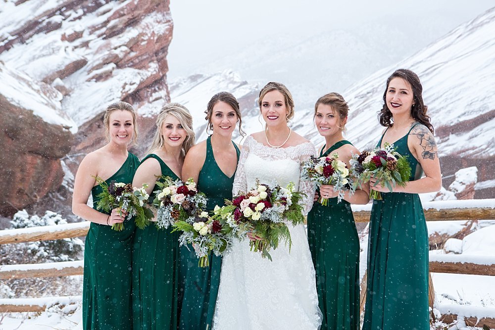 Colorado winter weddings - bridesmaids at Red Rocks Park