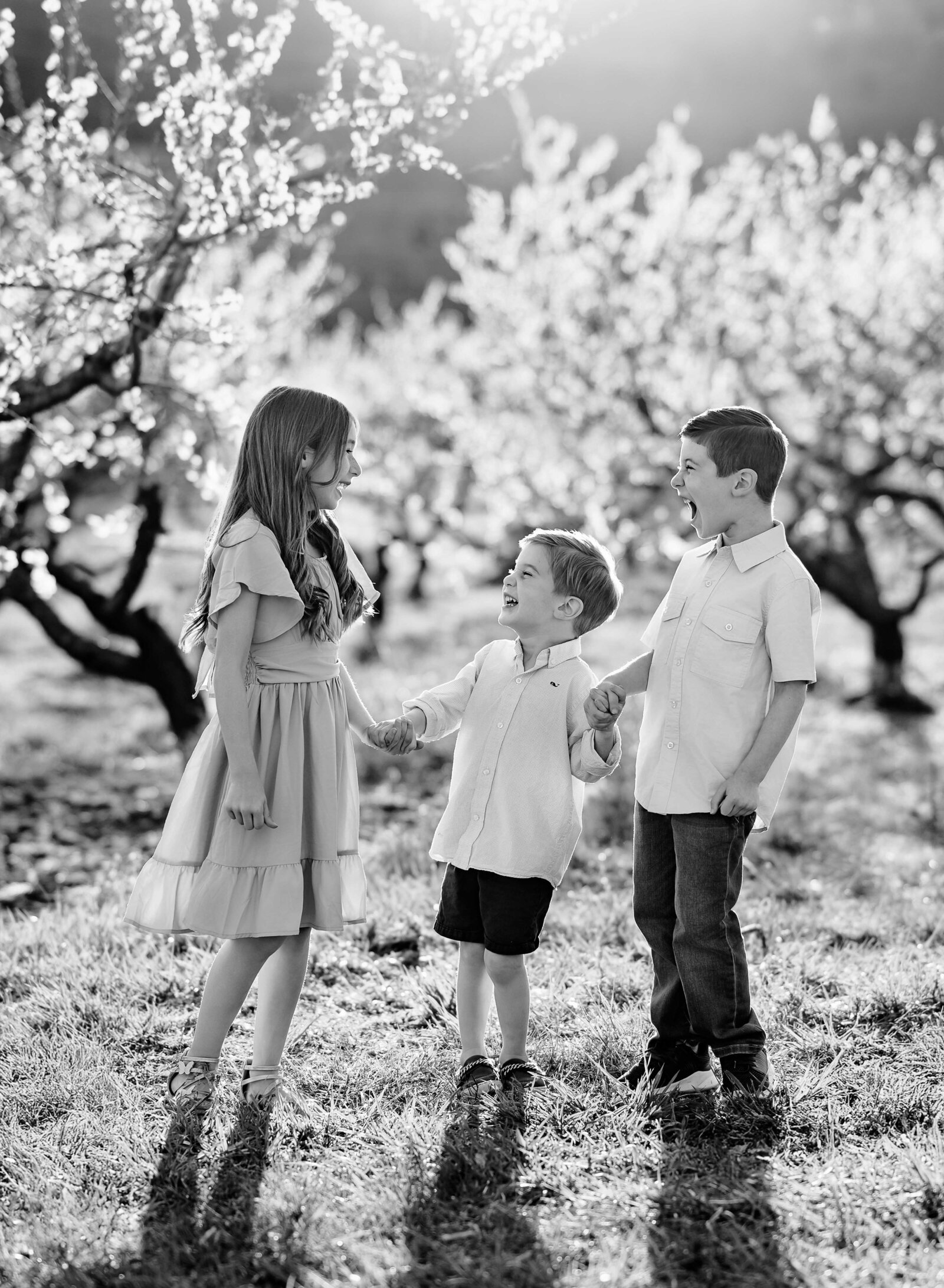 Kids holding hands and laughing at each other in peach orchard field. Family photo taken by Jenni Nikki Photography near Atlanta, GA.