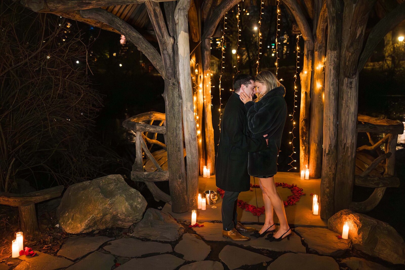 Central Park Proposal at night with twinkly lights