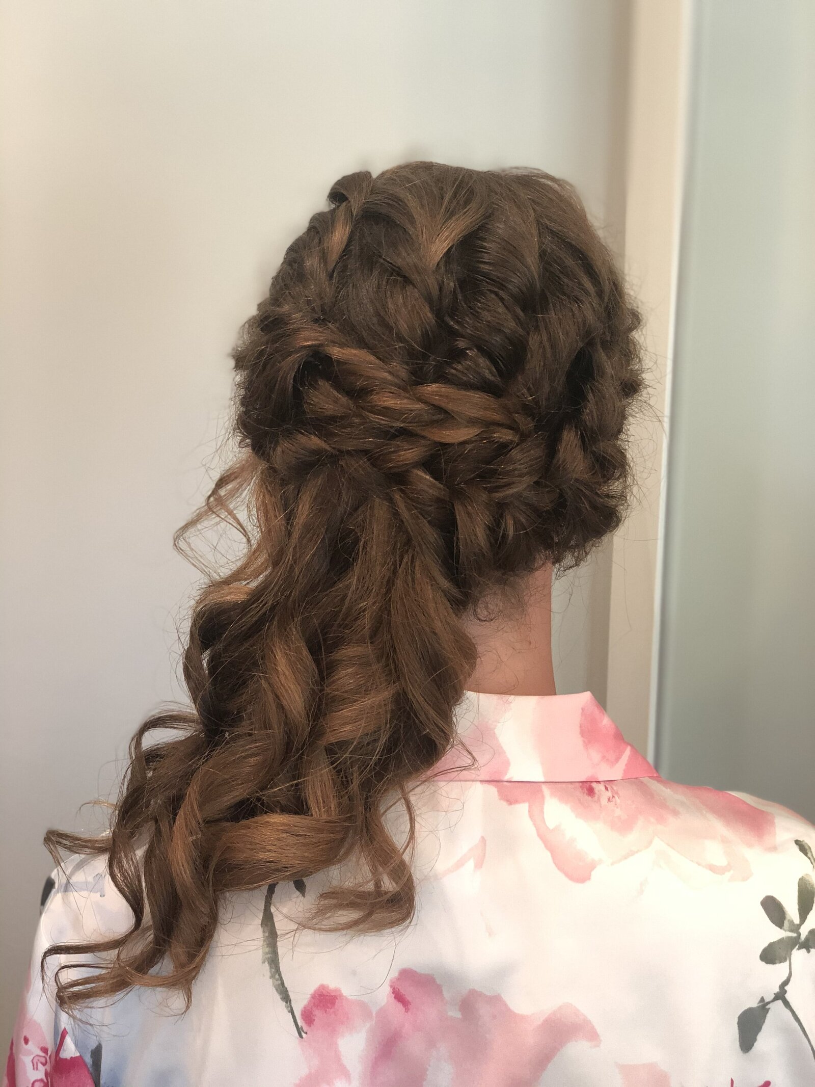 Twisted asymmetrical over the shoulder bridal bridesmaid hair