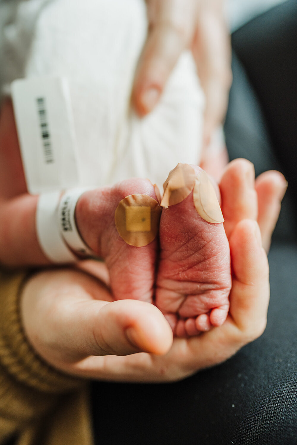wrinkled baby feet with hospital bandaids